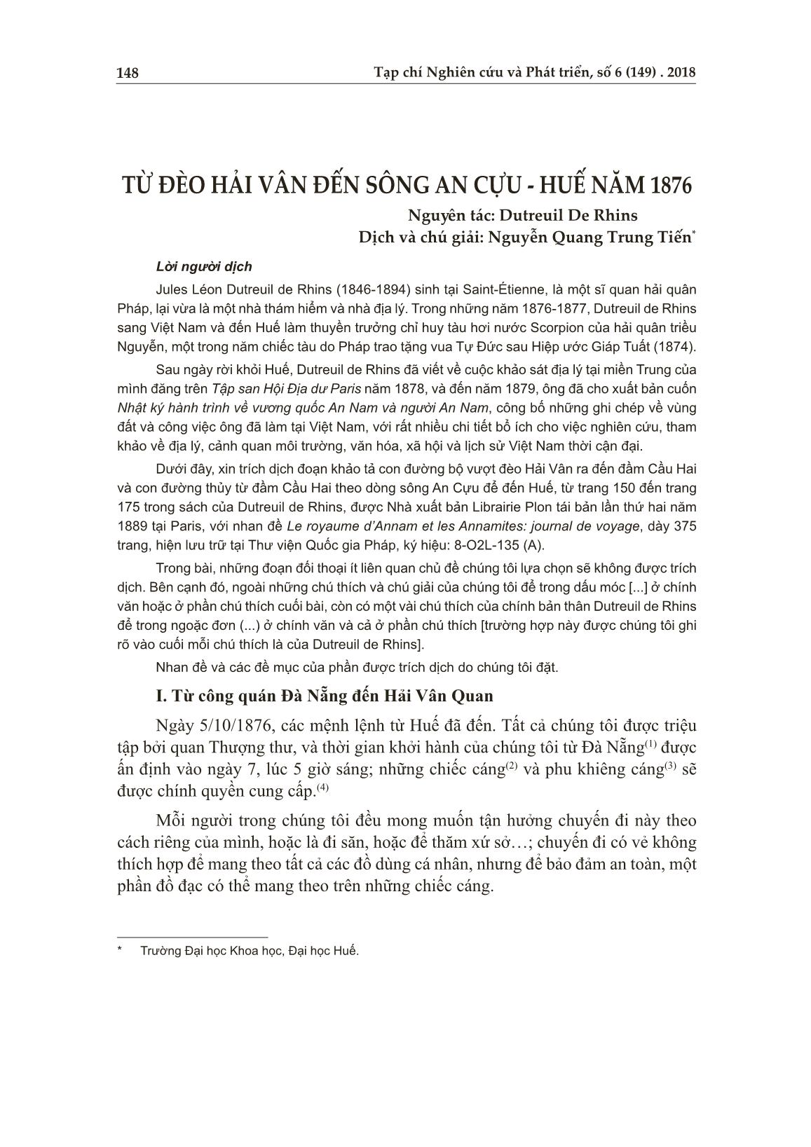 Từ đèo Hải Vân đến sông An Cựu - Huế năm 1876 trang 1