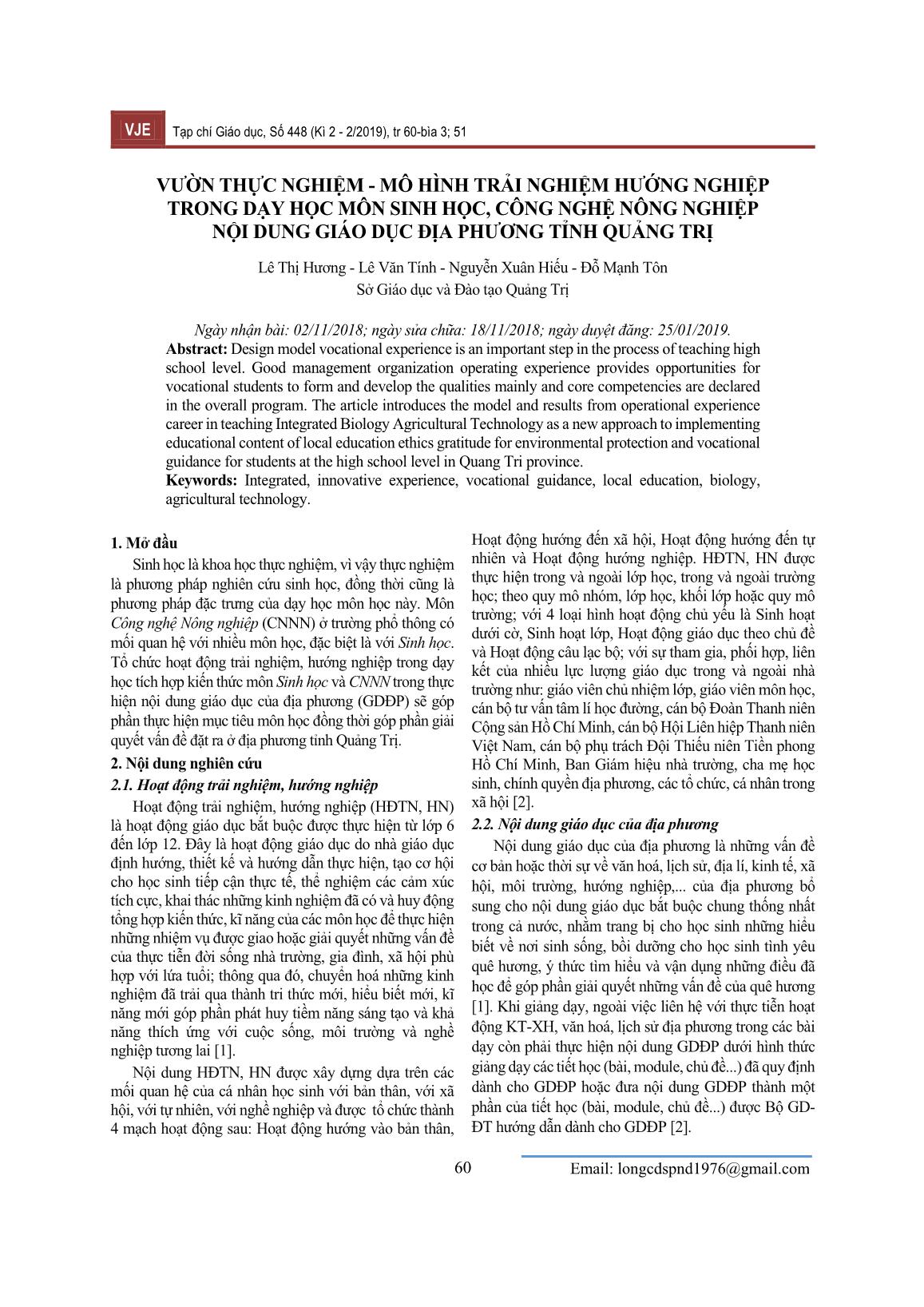 Vườn thực nghiệm - Mô hình trải nghiệm hướng nghiệp trong dạy học môn sinh học, công nghệ nông nghiệp nội dung giáo dục địa phương tỉnh Quảng Trị trang 1