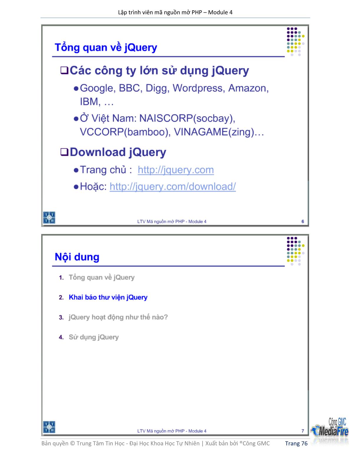 Bài giảng Lập trình viên mã nguồn mở PHP - Module 4, Bài 7: JQuery - Trường Đại học Khoa học tự nhiên - Đại học Quốc gia TP Hồ Chí Minh trang 4