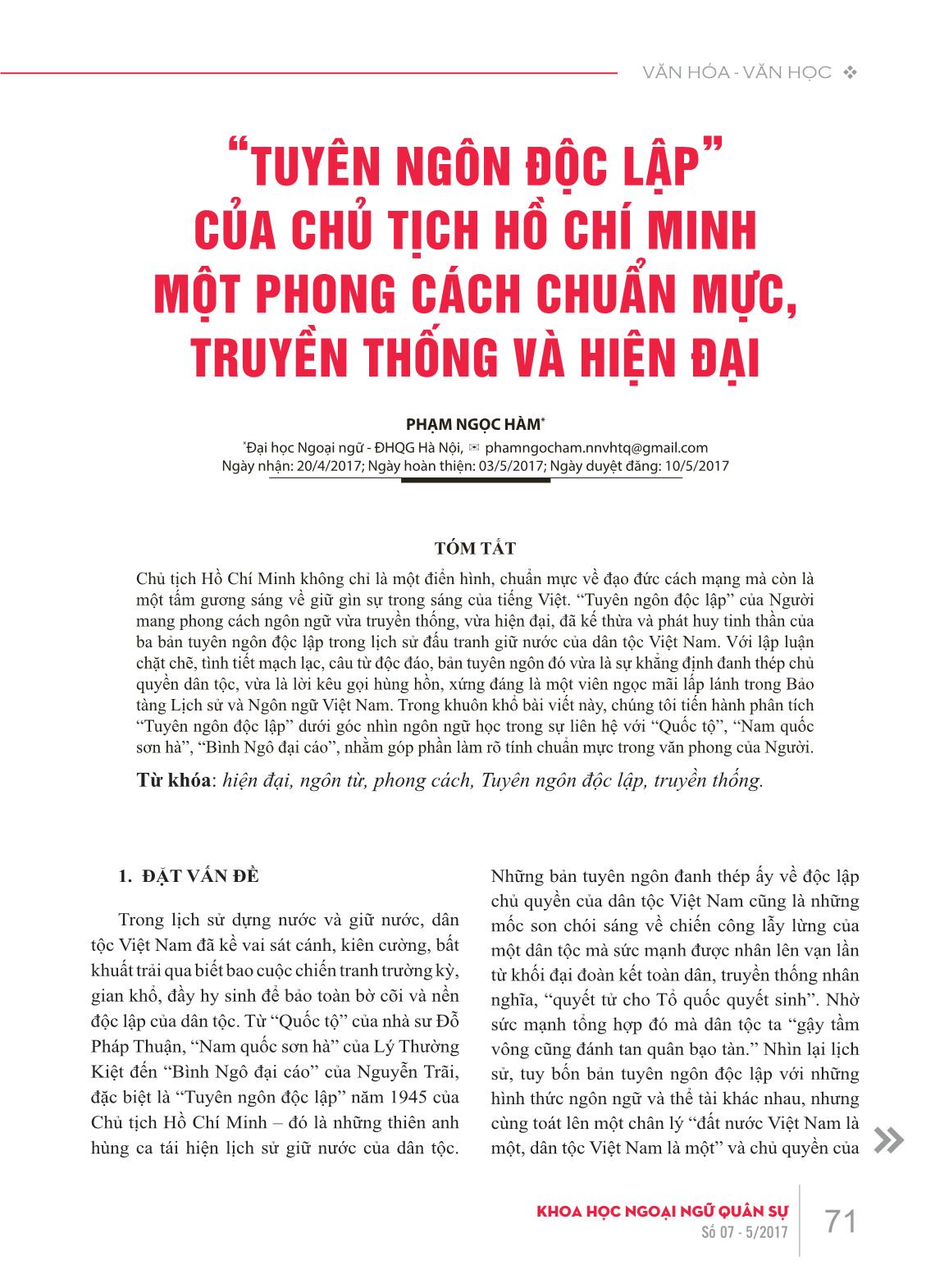 “Tuyên ngôn độc lập” của Chủ tịch Hồ Chí Minh một phong cách chuẩn mực, truyền thống và hiện đại trang 1