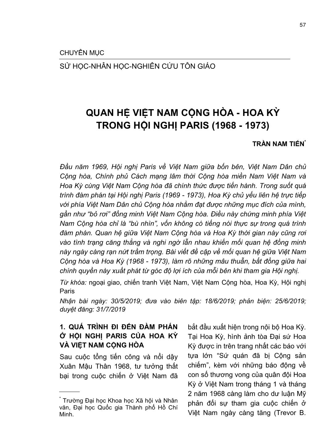 Quan hệ Việt Nam cộng hòa - Hoa Kỳ trong hội nghị Paris (1968 - 1973) trang 1