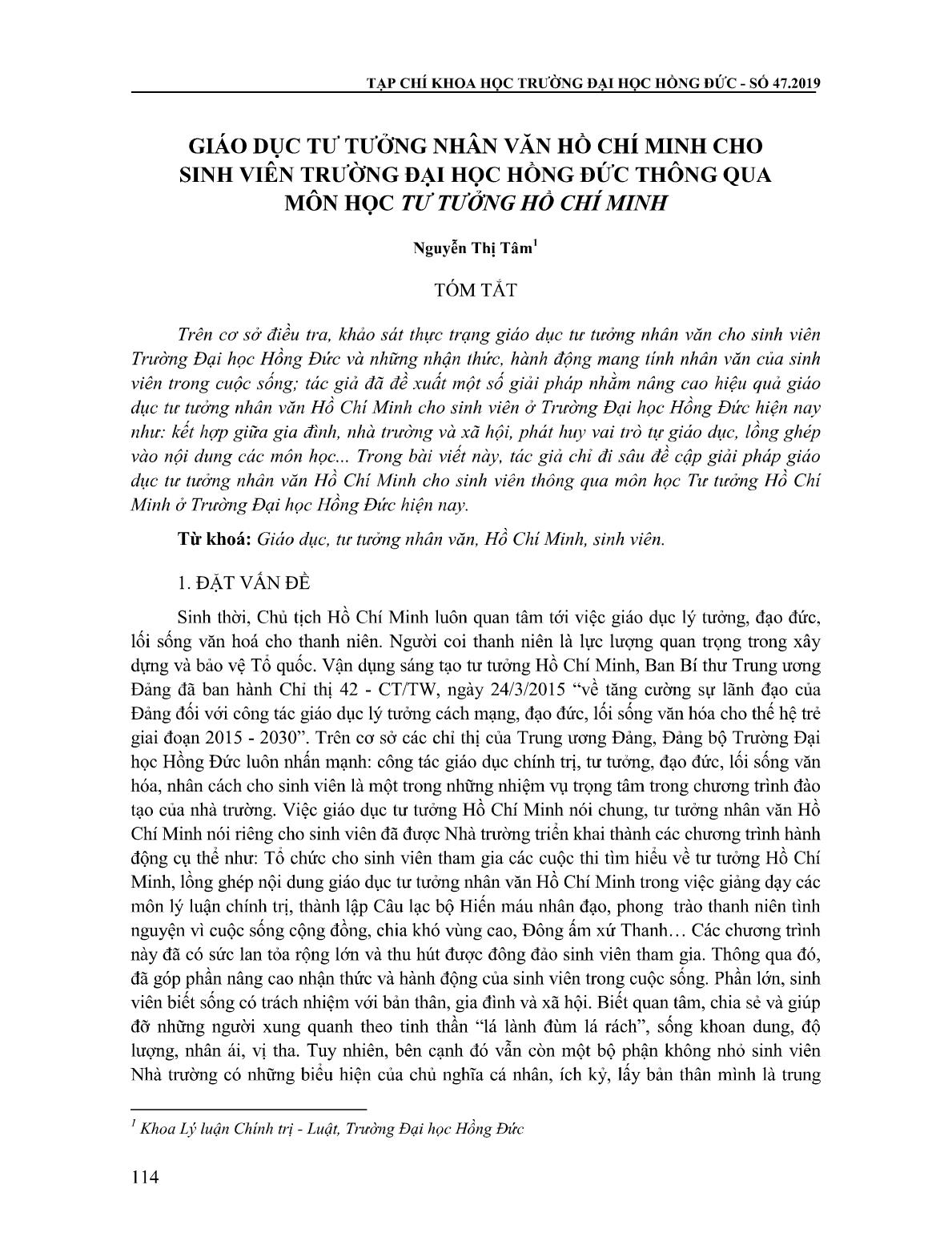 Giáo dục tư tưởng nhân văn Hồ Chí Minh cho sinh viên Trường Đại học Hồng Đức thông qua môn học Tư tưởng Hồ Chí Minh trang 1