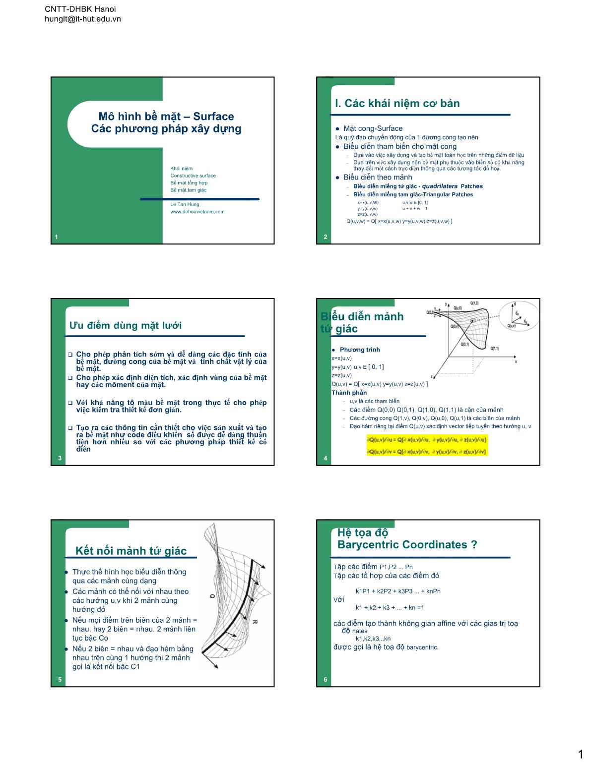 Bài giảng Đồ họa và hiện thực ảo - Lesson 8: Mô hình bề mặt – Surface Các phương pháp xây dựng trang 1