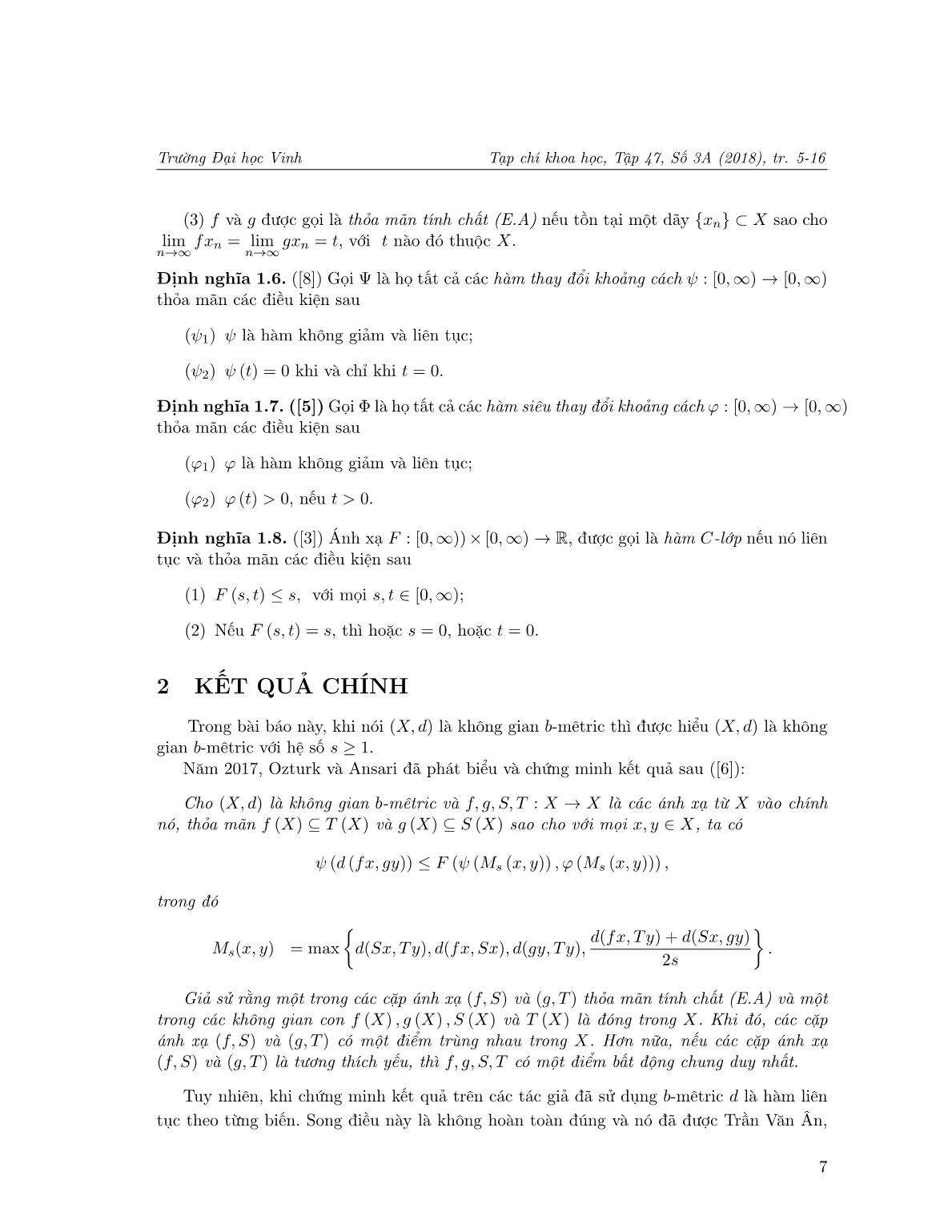 Điểm bất động chung của các ánh xạ co nhờ hàm C-lớp với tính chất (E.A) trong không gian b-Mêtric trang 3
