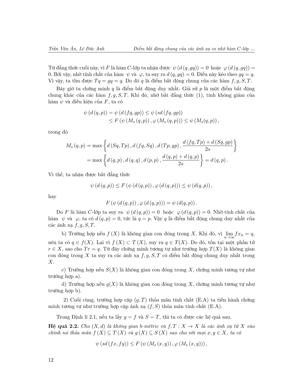 Điểm bất động chung của các ánh xạ co nhờ hàm C-lớp với tính chất (E.A) trong không gian b-Mêtric trang 8