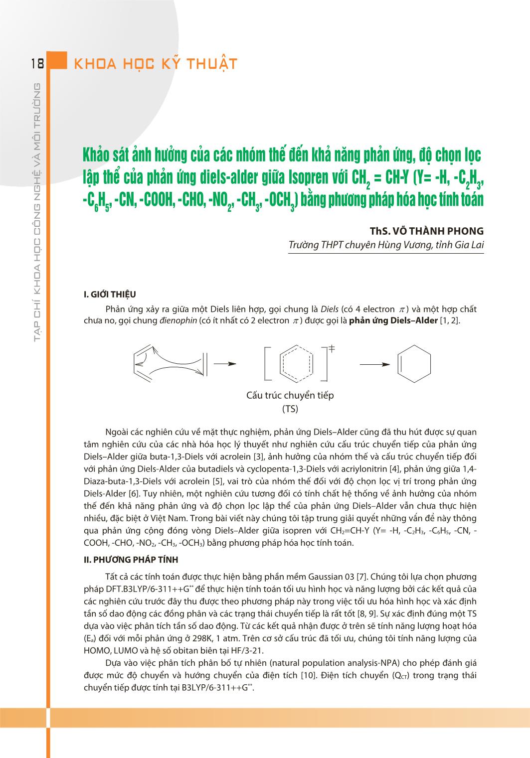 Khảo sát ảnh hưởng của các nhóm thế đến khả năng phản ứng, độ chọn lọc lập thể của phản ứng diels-alder giữa Isopren với CH2 = CH-Y (Y= -H, -C2H3, -C6H5, -CN, -COOH, -CHO, -NO2, -CH3, -OCH3) bằng phương pháp hóa học tính toán trang 1