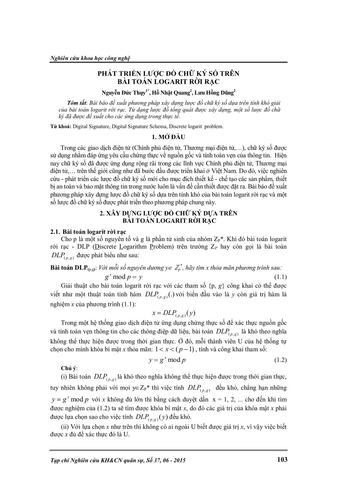 Phát triển lược đồ chữ ký số trên bài toán Logarit rời rạc trang 1