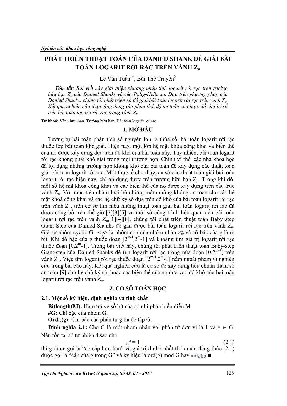 Phát triển thuật toán của Danied Shank để giải bài toán Logarit rời rạc trên vành Zn trang 1