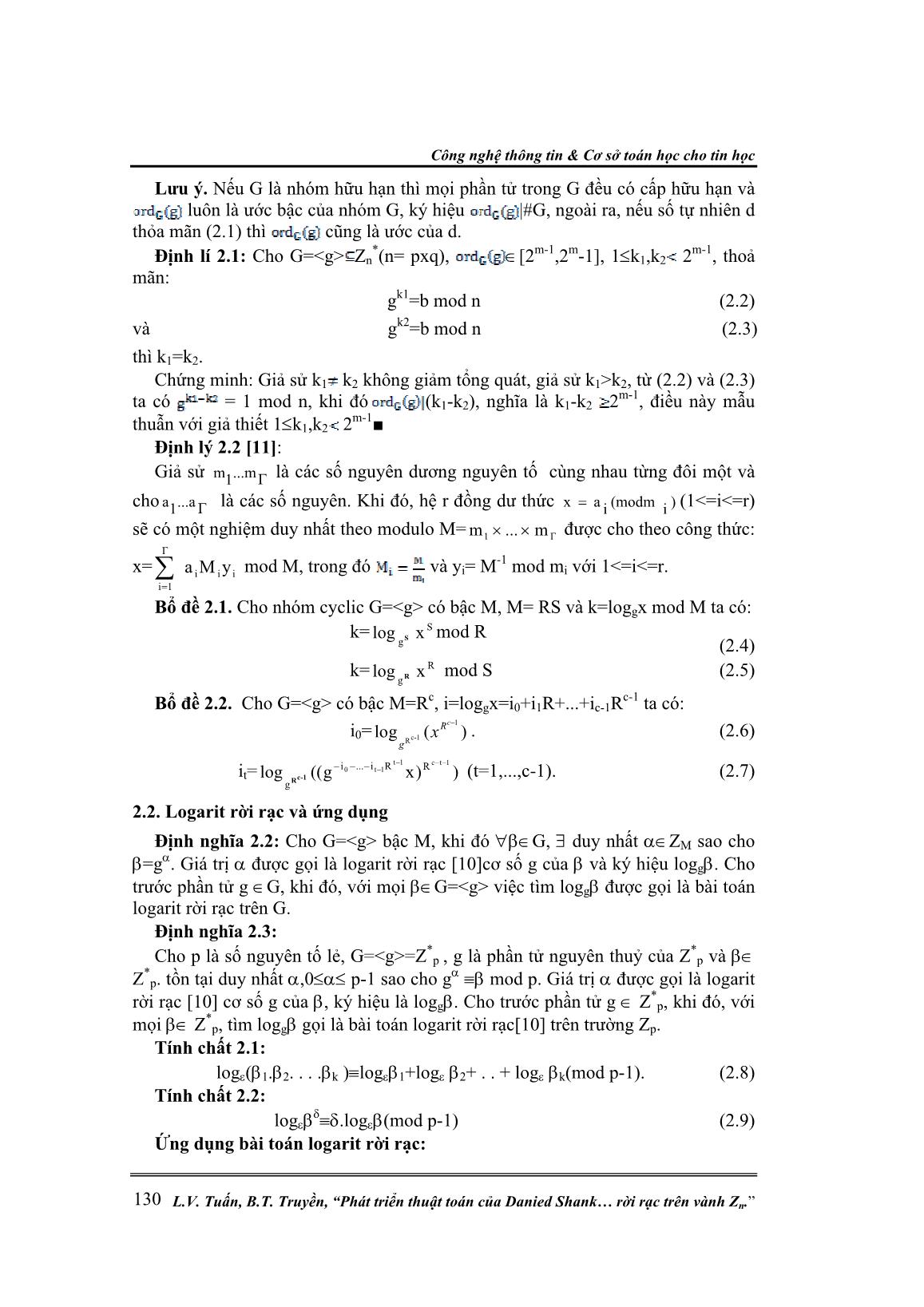 Phát triển thuật toán của Danied Shank để giải bài toán Logarit rời rạc trên vành Zn trang 2