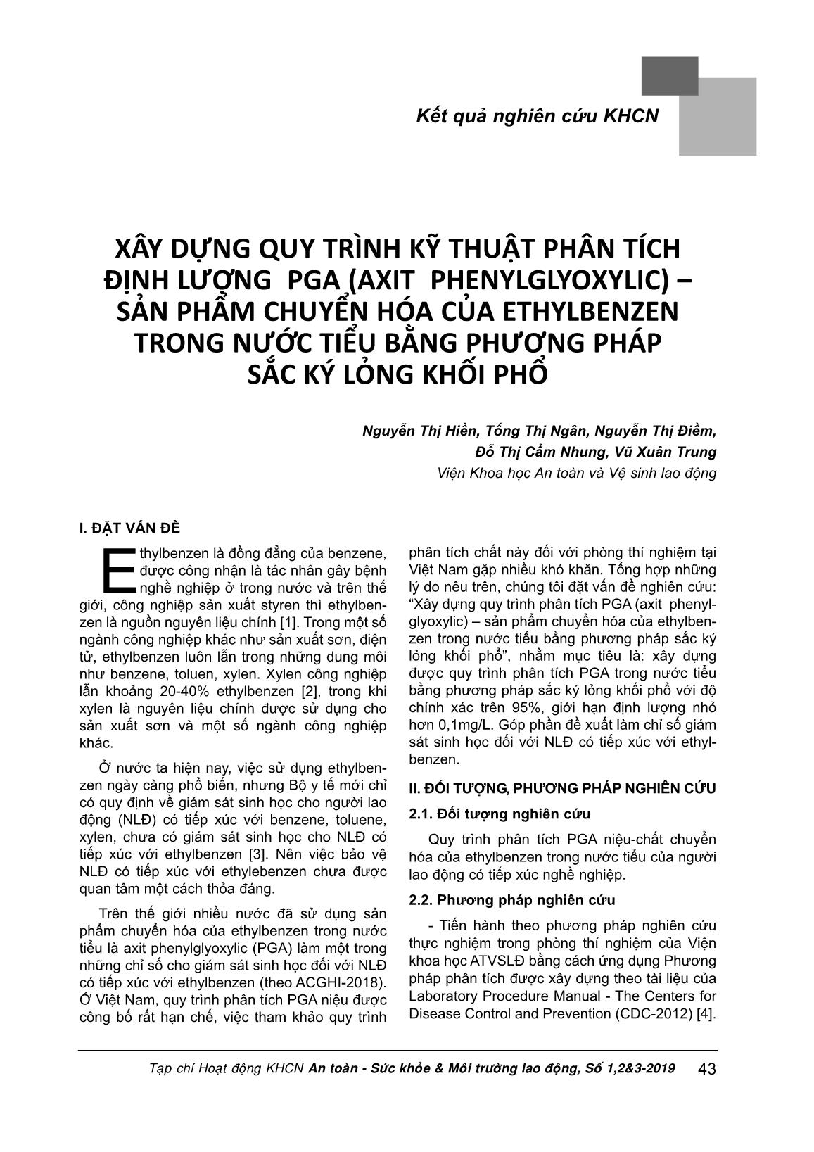 Xây dựng quy trình kỹ thuật phân tích định lượng PGA (Axit Phenylglyoxylic) – sản phẩm chuyển hóa của Ethylbenzen trong nước tiểu bằng phương pháp sắc ký lỏng khối phổ trang 1