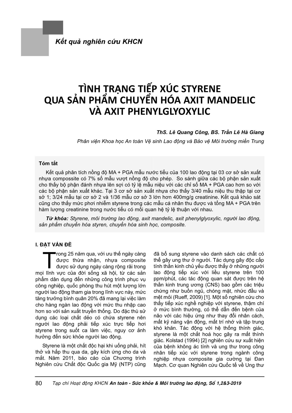 Tình trạng tiếp xúc Styrene qua sản phẩm chuyển hóa Axit Mandelic và Axit Phenylglyoxylic trang 1