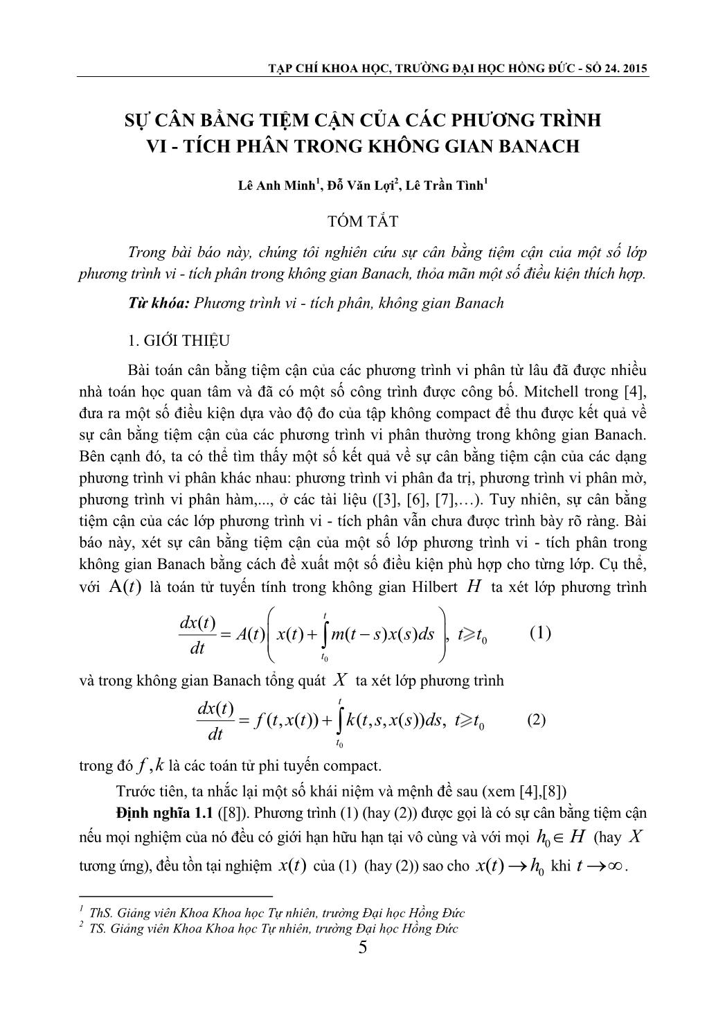 Sự cân bằng tiệm cận của các phương trình vi - tích phân trong không gian Banach trang 1