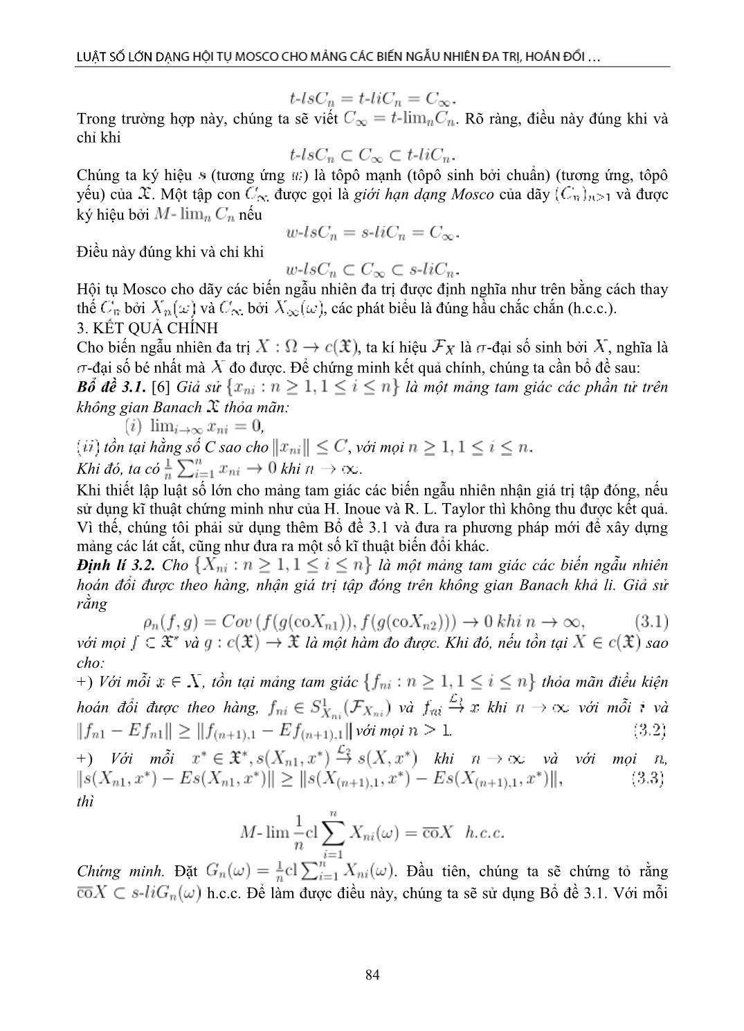 Luật số lớn dạng hội tụ Mosco cho mảng các biến ngẫu nhiên đa trị, hoán đổi được theo hàng trang 3