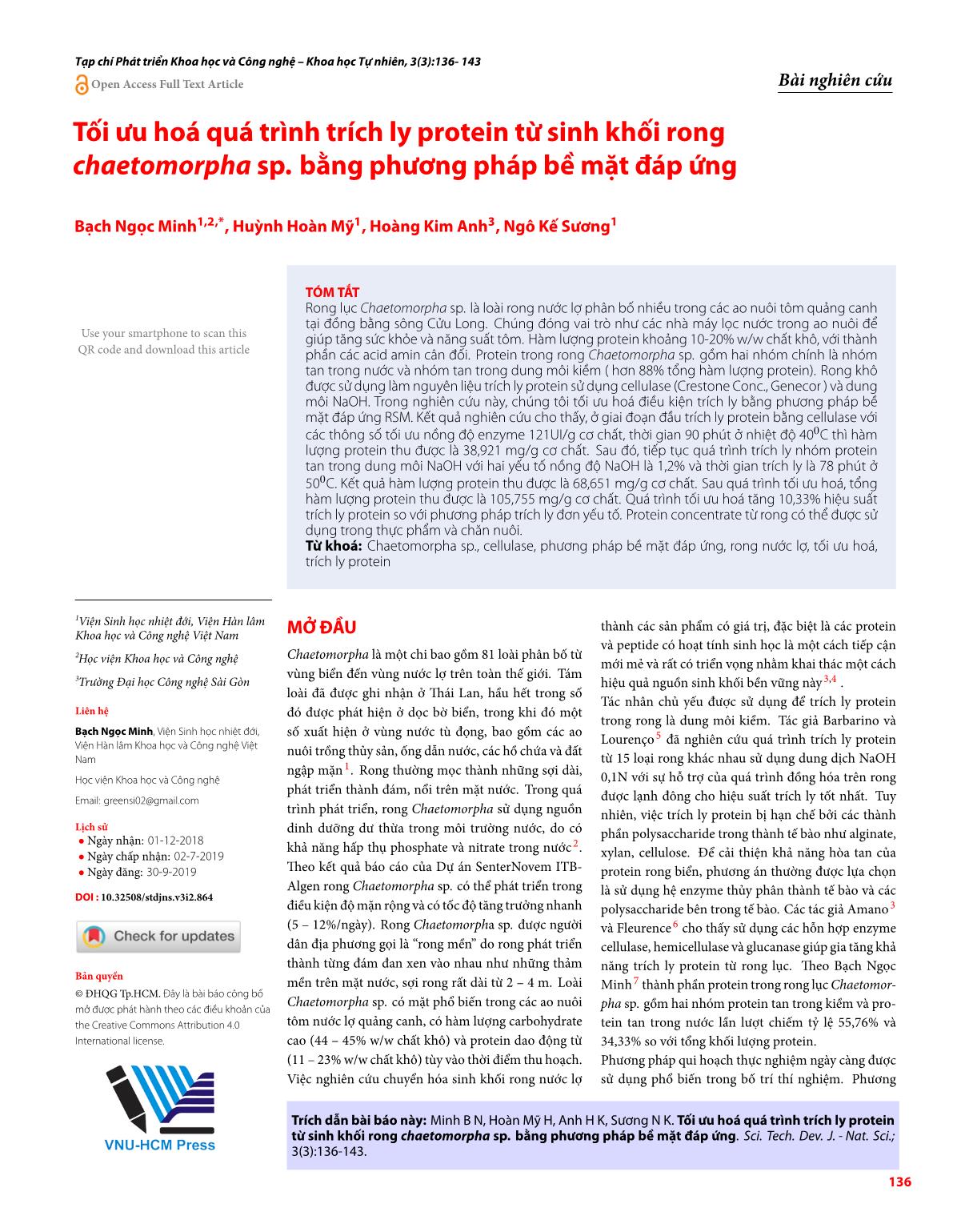 Tối ưu hoá quá trình trích ly protein từ sinh khối rong chaetomorpha sp. bằng phương pháp bề mặt đáp ứng trang 1