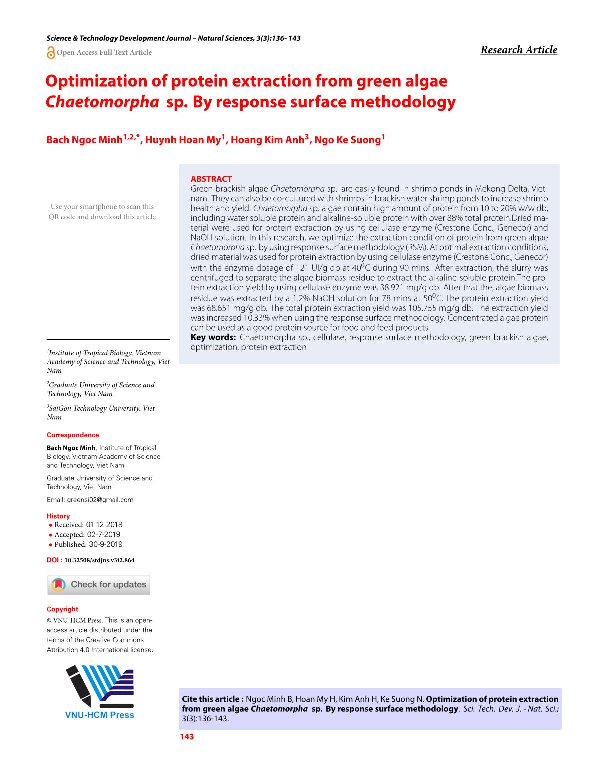 Tối ưu hoá quá trình trích ly protein từ sinh khối rong chaetomorpha sp. bằng phương pháp bề mặt đáp ứng trang 8