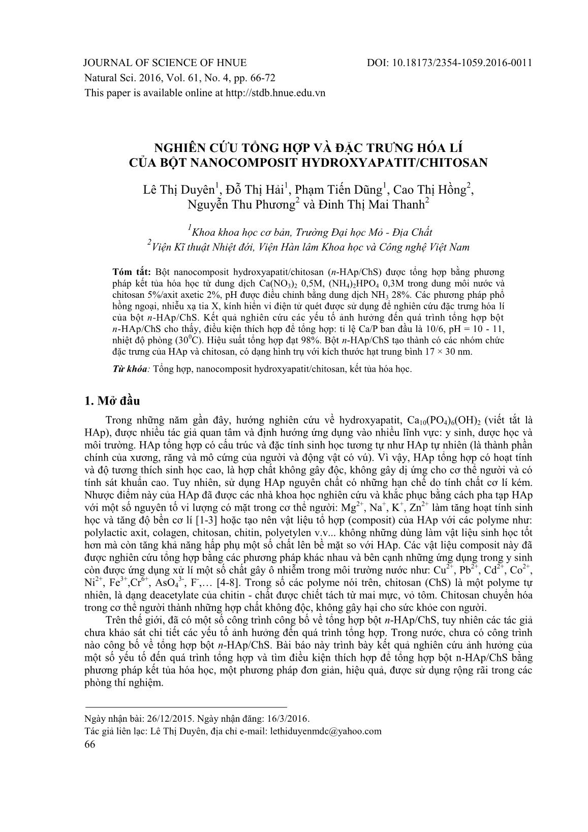 Nghiên cứu tổng hợp và đặc trưng hóa lí của bột Nanocomposit Hydroxyapatit/Chitosan trang 1
