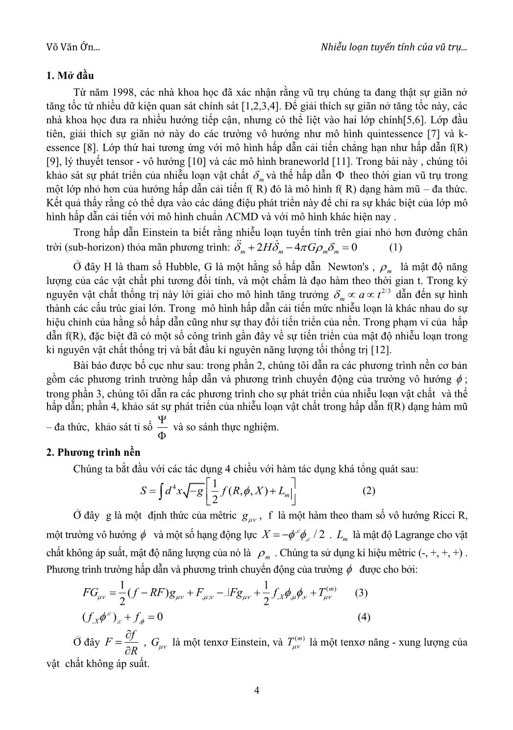 Nhiễu loạn tuyến tính của vũ trụ trong lớp mô hình hấp dẫn cải tiến f(R) dạng hàm mũ - đa thức trang 2