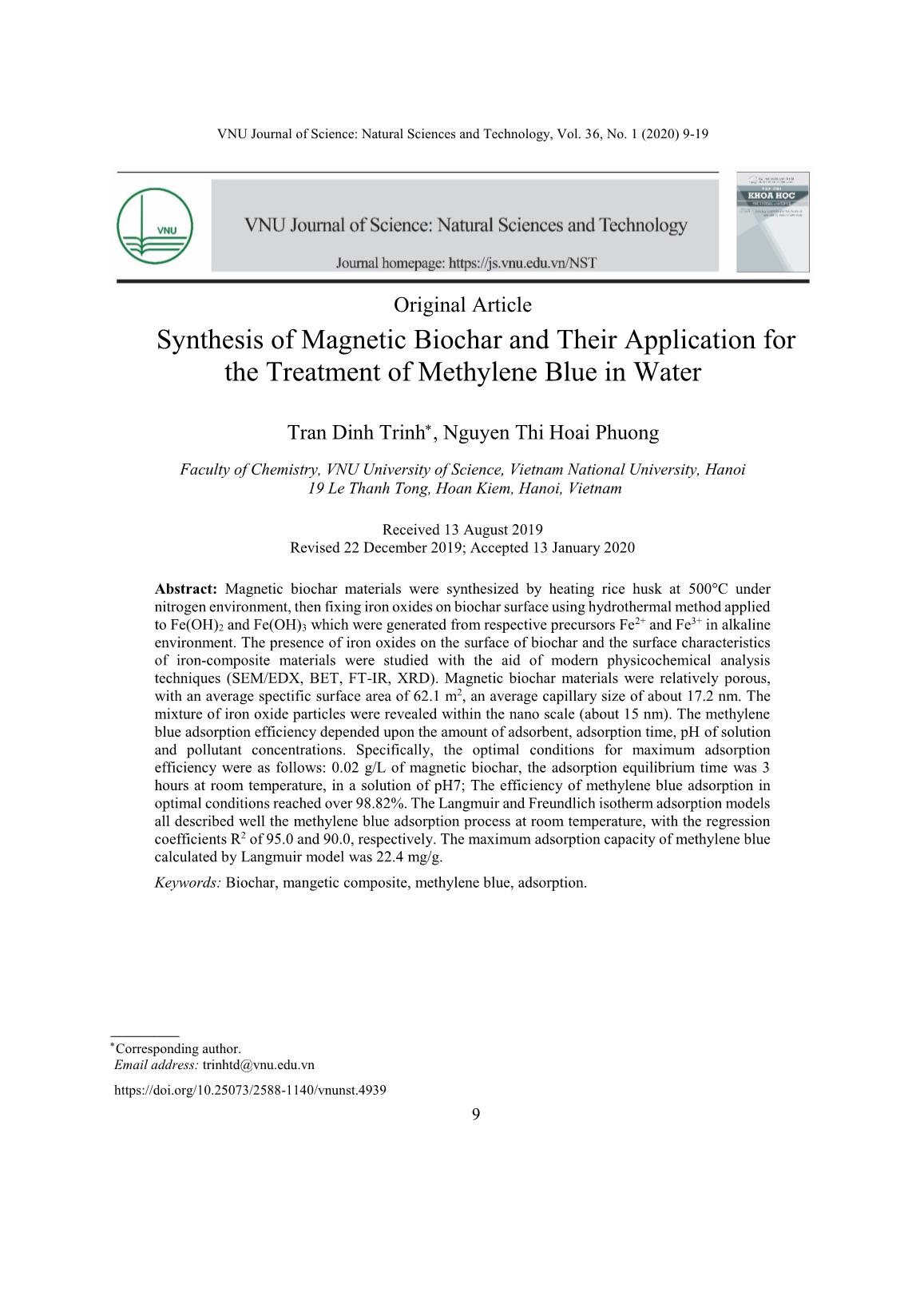 Nghiên cứu tổng hợp vật liệu biochar từ tính và ứng dụng để xử lý xanh methylen trong nước trang 1