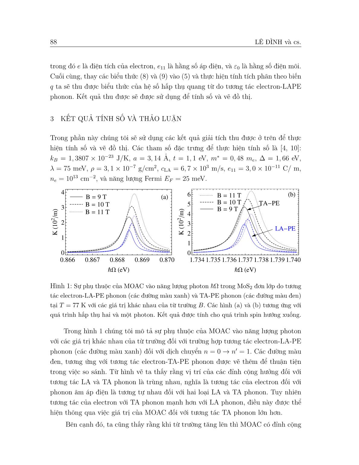 Hấp thụ phi tuyến hai photon trong MoS2 đơn lớp dưới ảnh hưởng của tương tác Electron-phonon âm dọc-áp điện trang 4