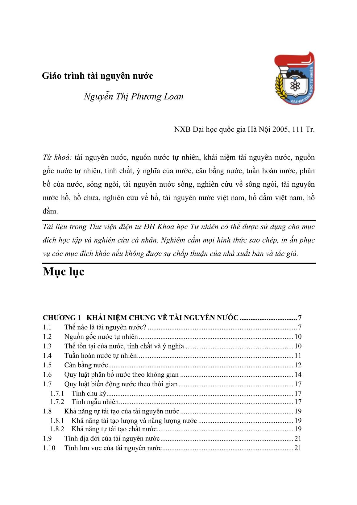 Giáo trình Tài nguyên nước - Nguyễn Thị Phương Loan trang 1