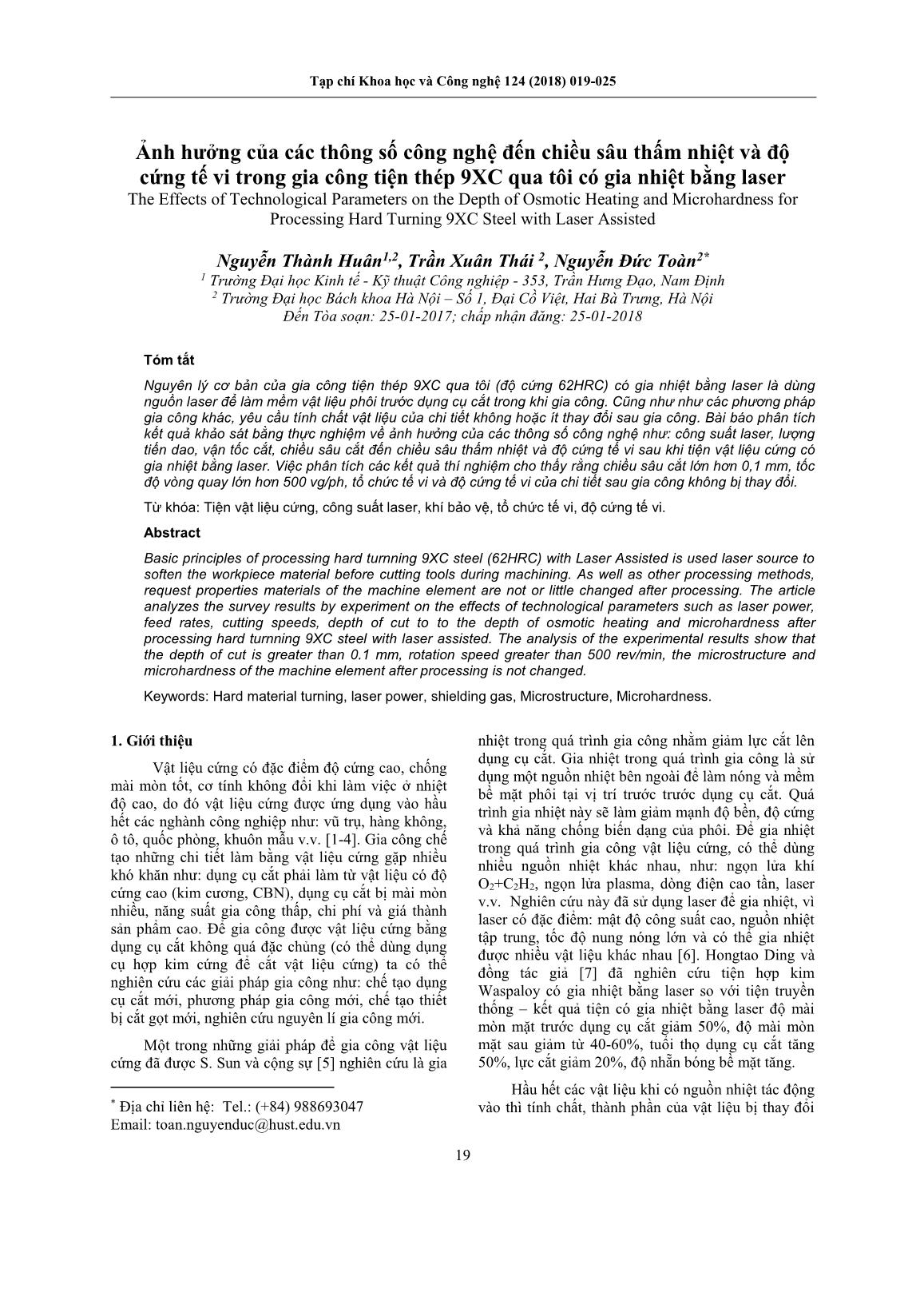 Ảnh hưởng của các thông số công nghệ đến chiều sâu thấm nhiệt và độ cứng tế vi trong gia công tiện thép 9XC qua tôi có gia nhiệt bằng laser trang 1