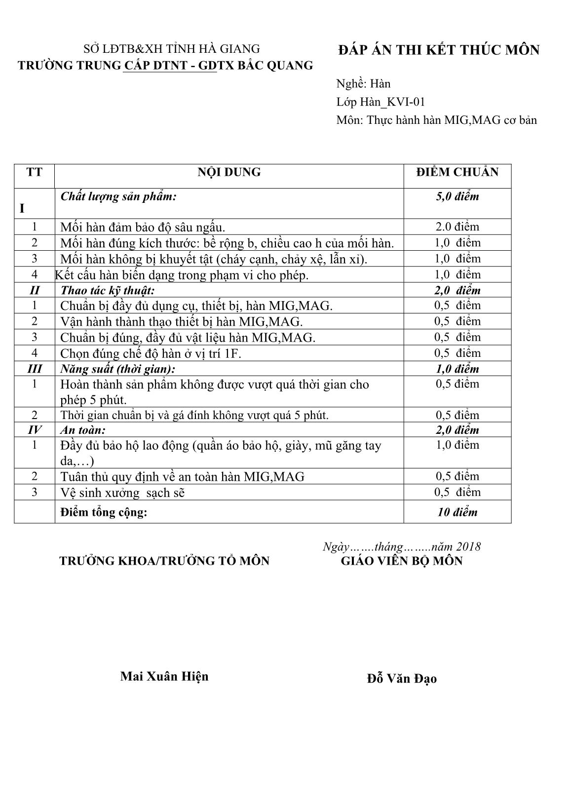 Đề thi kết thúc môn Thực hành hàn MIG, MAG Cơ bản (Đề số 1) - Trường Trung cấp DTNT - GDTX Bắc Quang (Có đáp án) trang 2