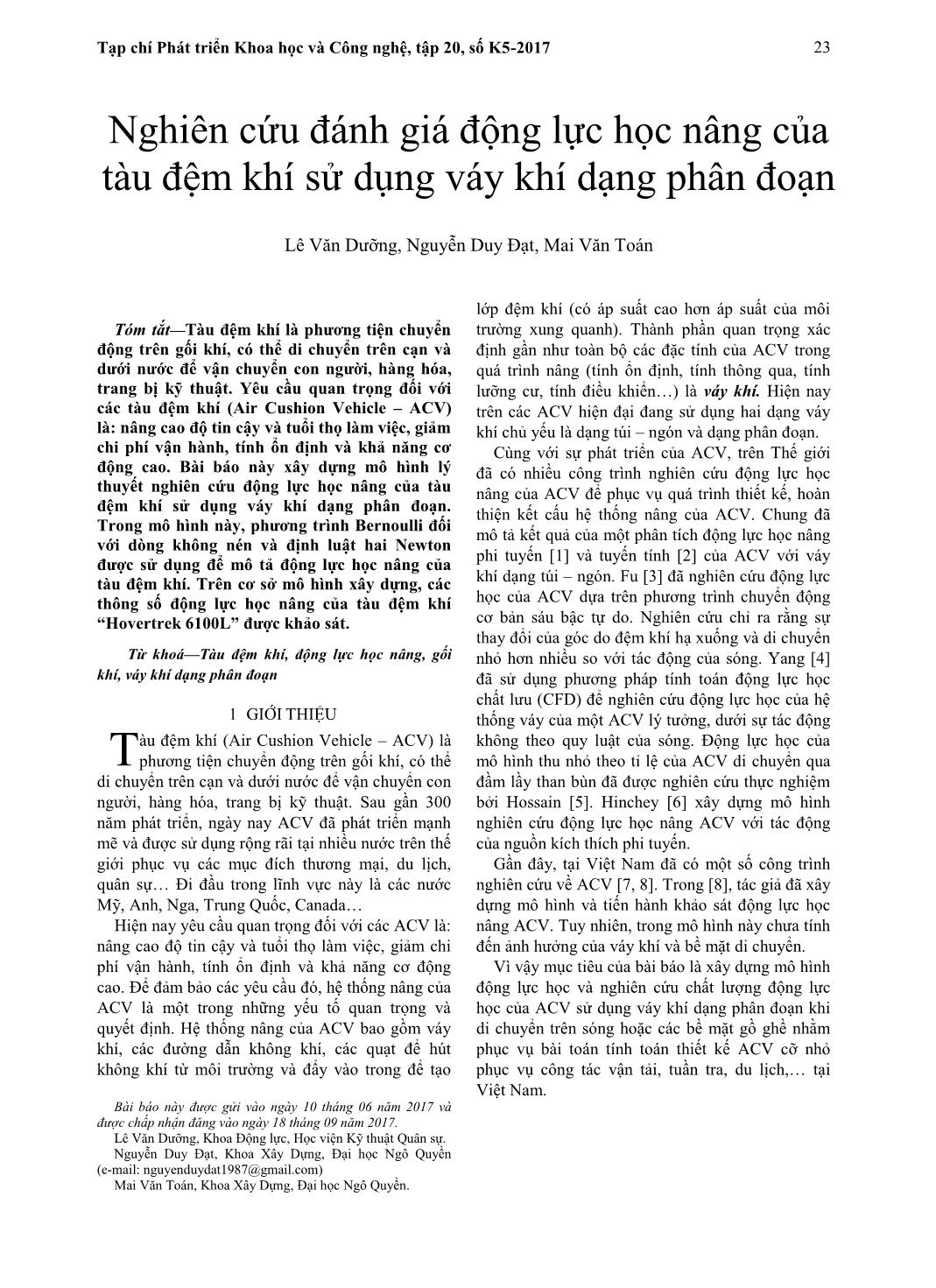 Nghiên cứu đánh giá động lực học nâng của tàu đệm khí sử dụng váy khí dạng phân đoạn trang 1