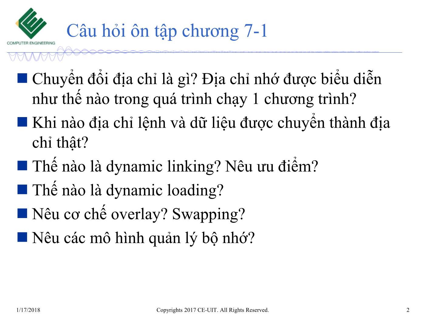 Bài giảng Hệ điều hành - Chương 7: Quản lý bộ nhớ (Phần 2) - Trường Đại học Công nghệ thông tin trang 2