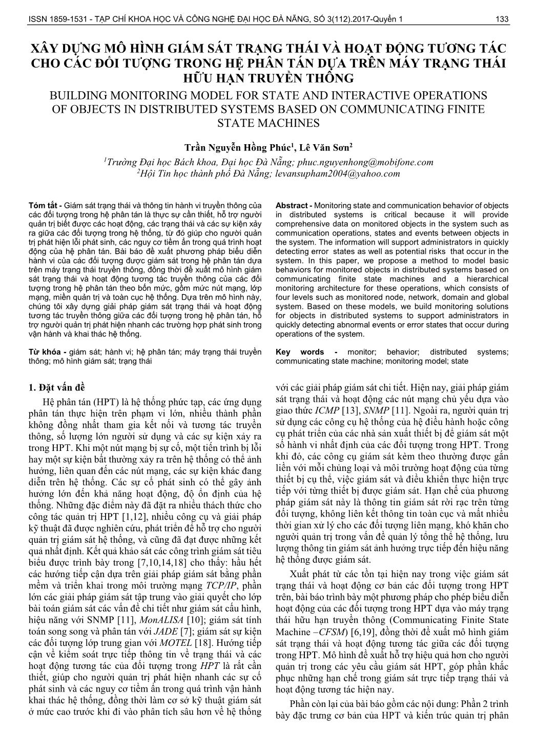 Xây dựng mô hình giám sát trạng thái và hoạt động tương tác cho các đối tượng trong hệ phân tán dựa trên máy trạng thái hữu hạn truyền thông trang 1