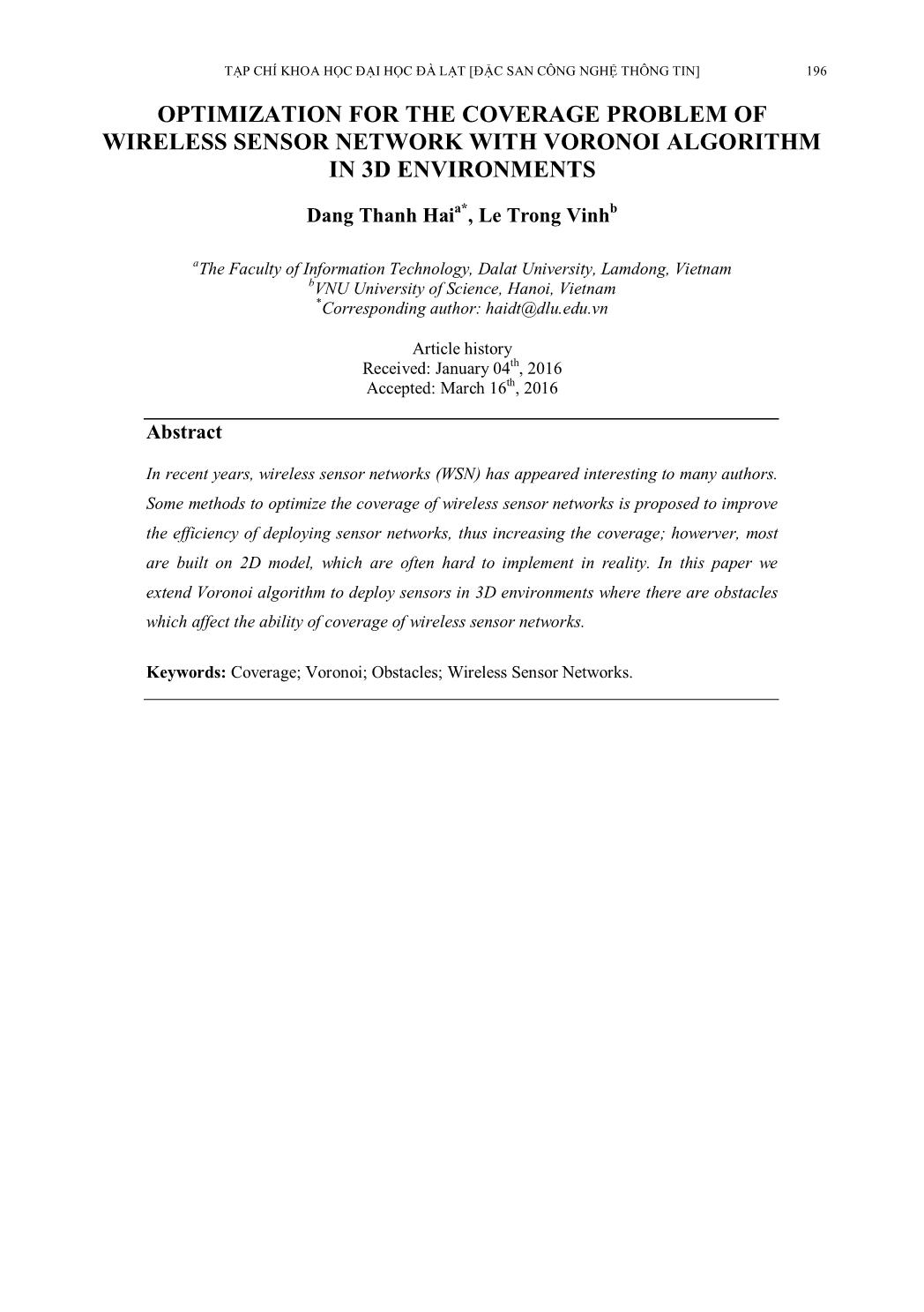 Tối ưu hóa vùng phủ sóng của mạng cảm biến không dây bằng thuật toán Voronoi trong môi trường 3D trang 10