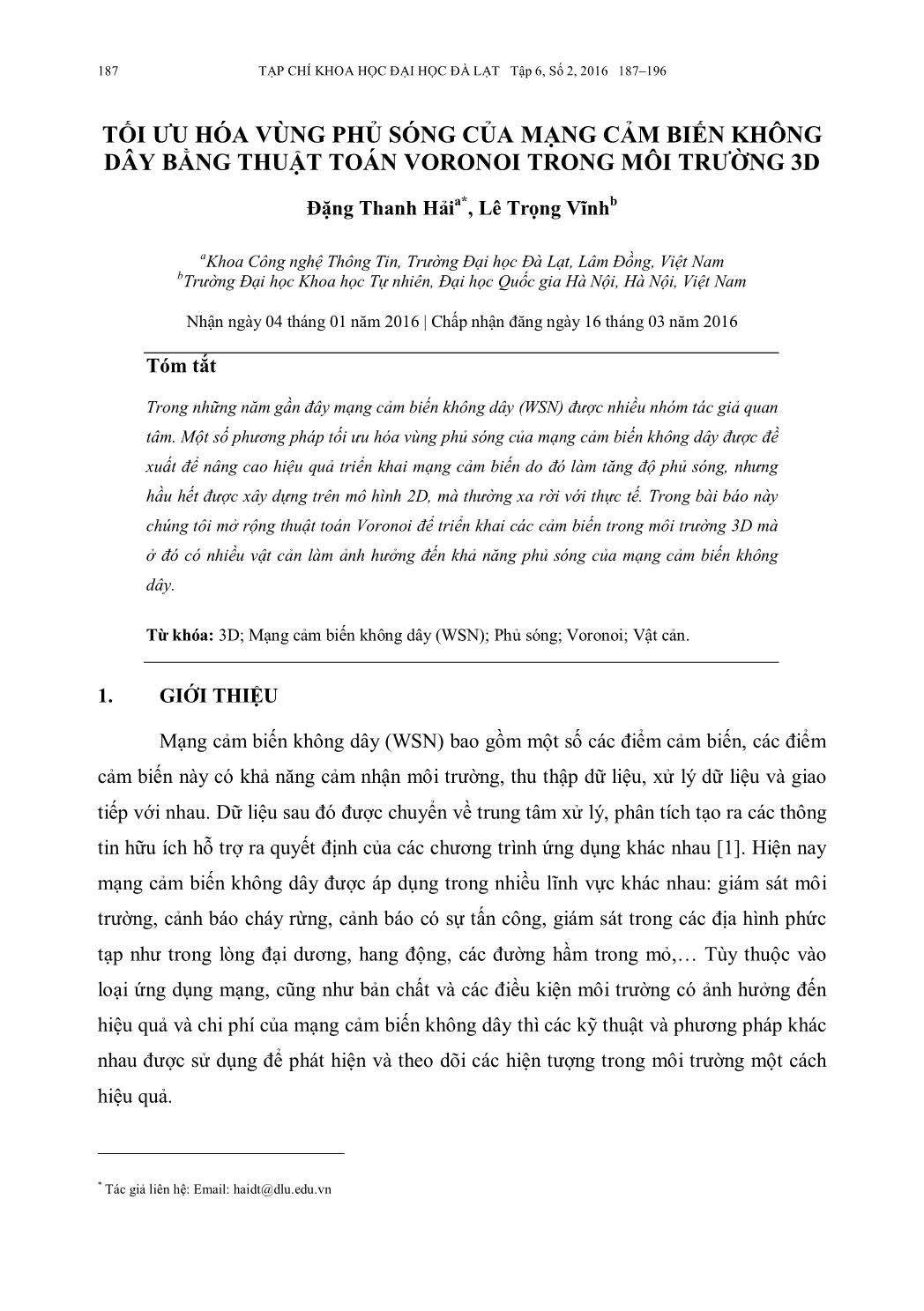 Tối ưu hóa vùng phủ sóng của mạng cảm biến không dây bằng thuật toán Voronoi trong môi trường 3D trang 1