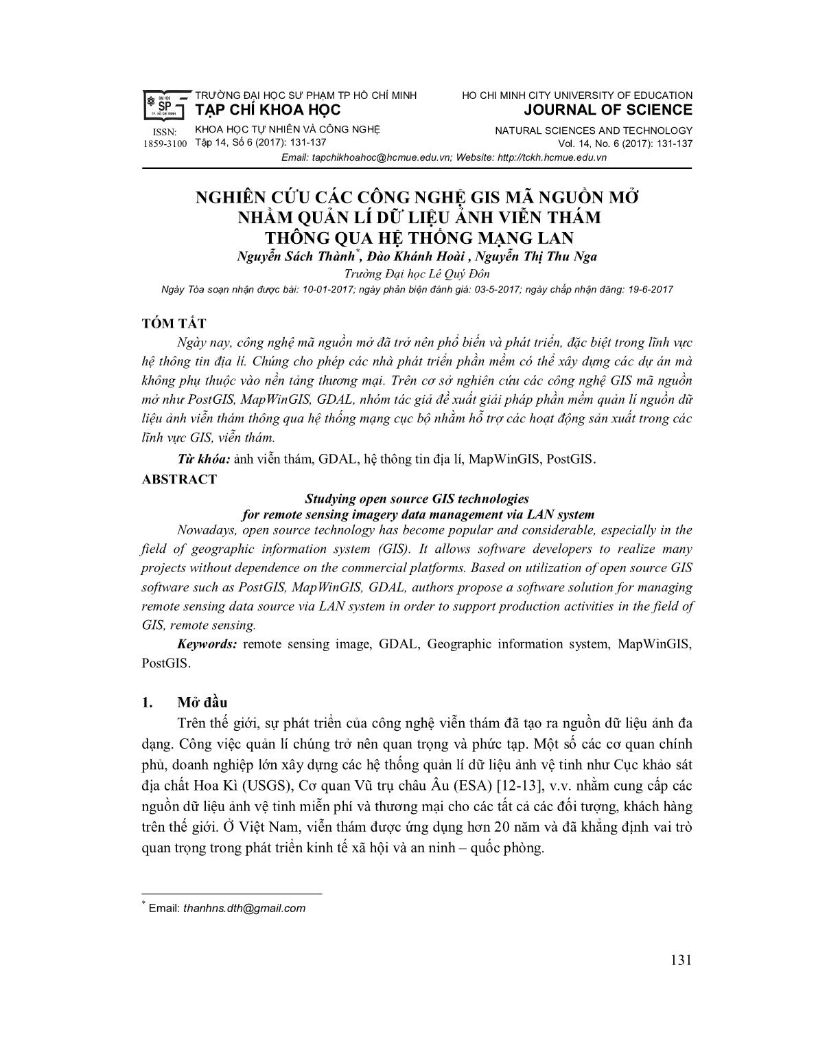 Nghiên cứu các công nghệ GIS mã nguồn mở nhằm quản lí dữ liệu ảnh viễn thám thông qua hệ thống mạng lan trang 1