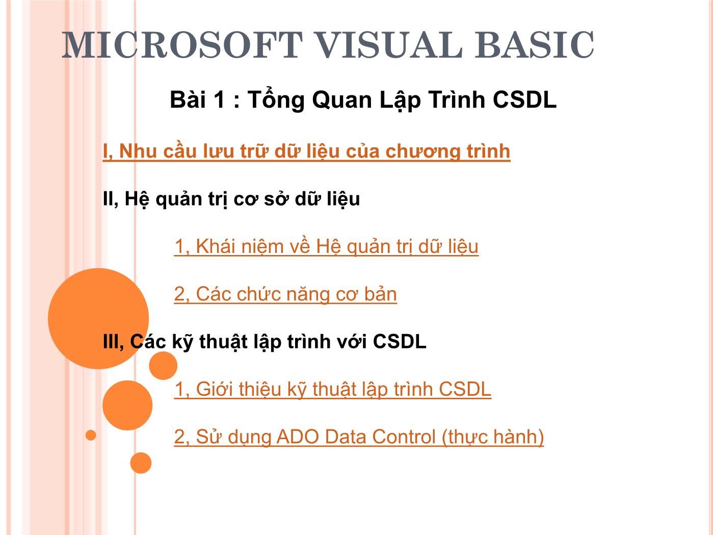 Bài giảng Microsoft Visual Basic - Bài 1: Tổng Quan Lập Trình CSDL trang 1