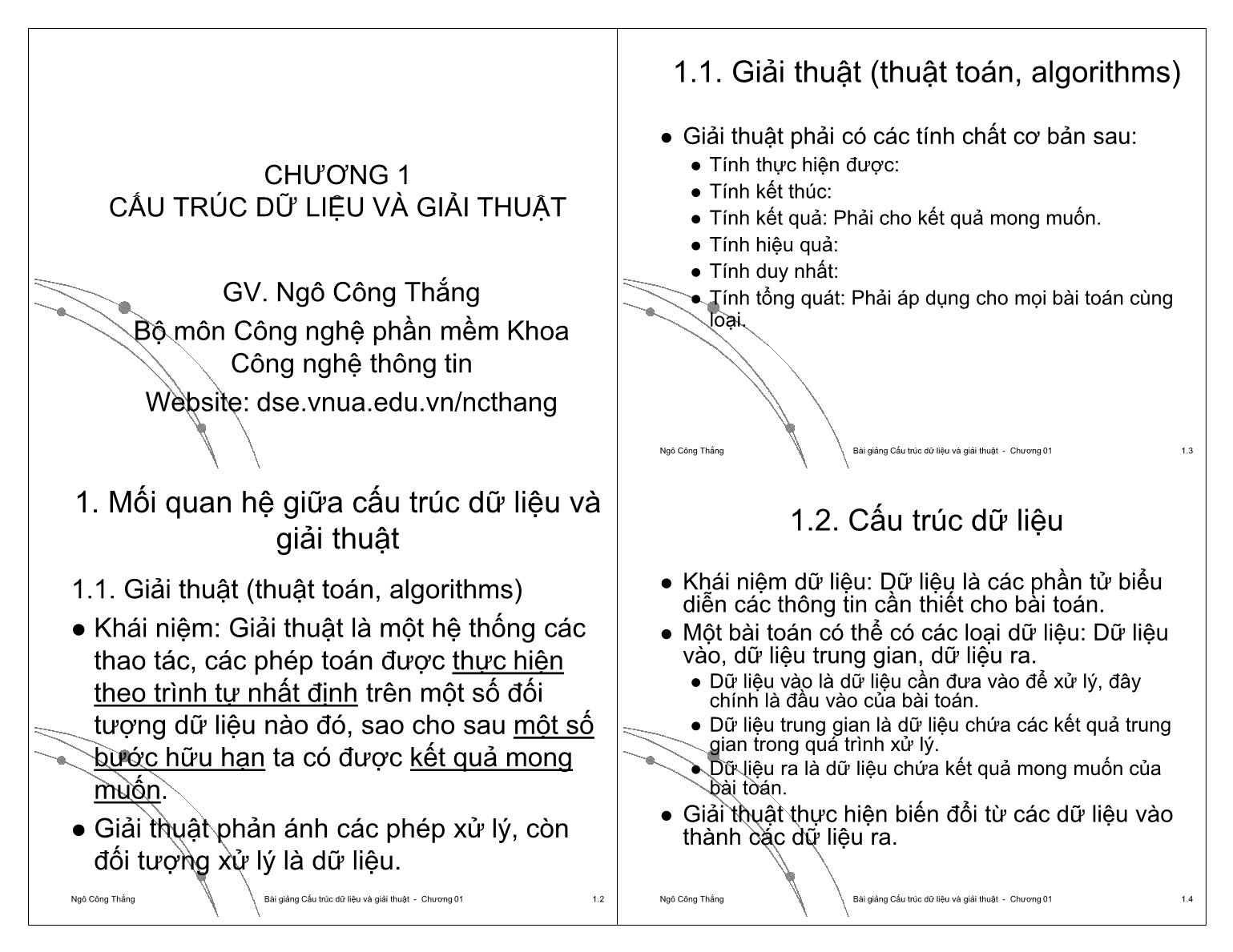 Bài giảng Công nghệ phần mềm - Chương 1: Cấu trúc dữ liệu và giải thuật - Ngô Công Thắng trang 1