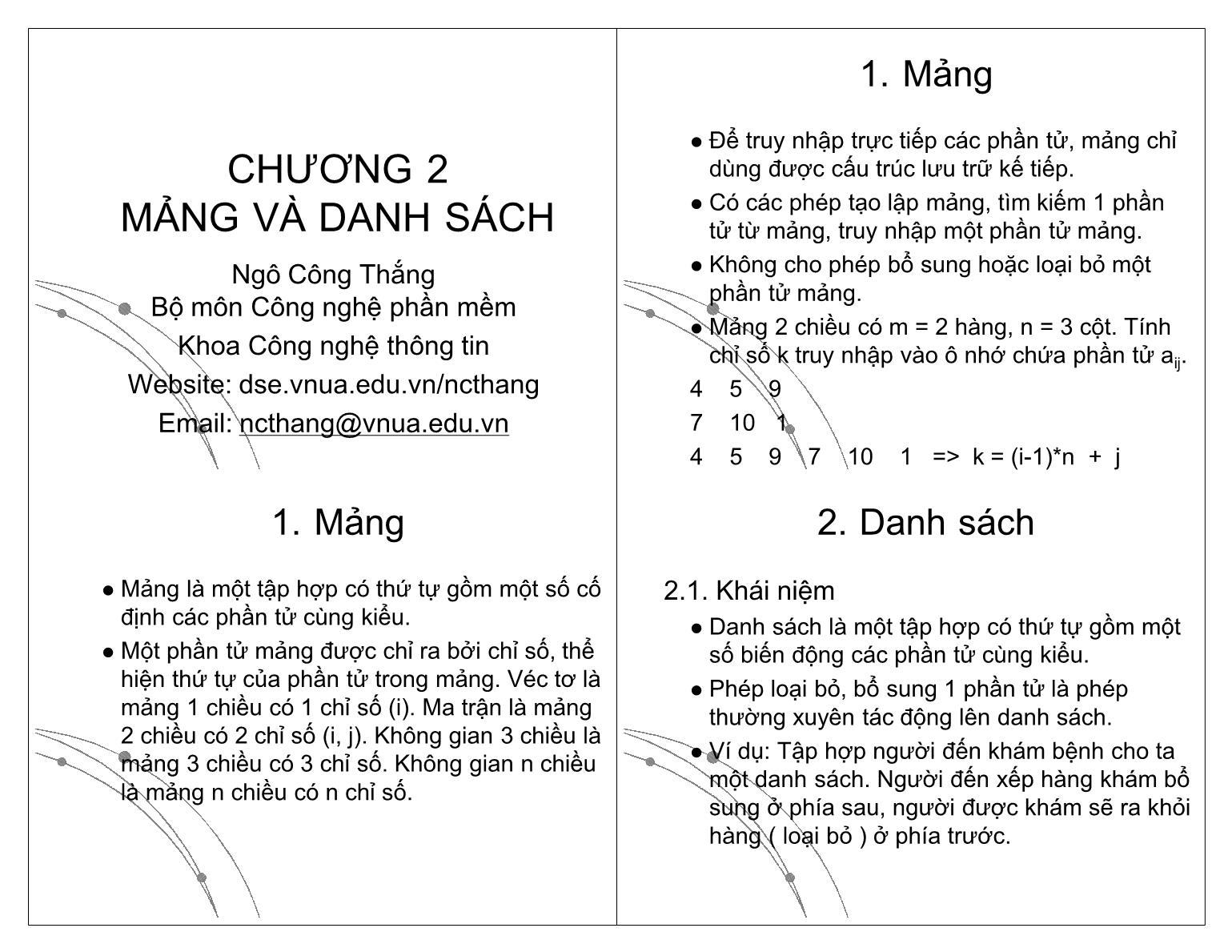 Bài giảng Công nghệ phần mềm - Chương 2: Mảng và danh sách - Ngô Công Thắng trang 1