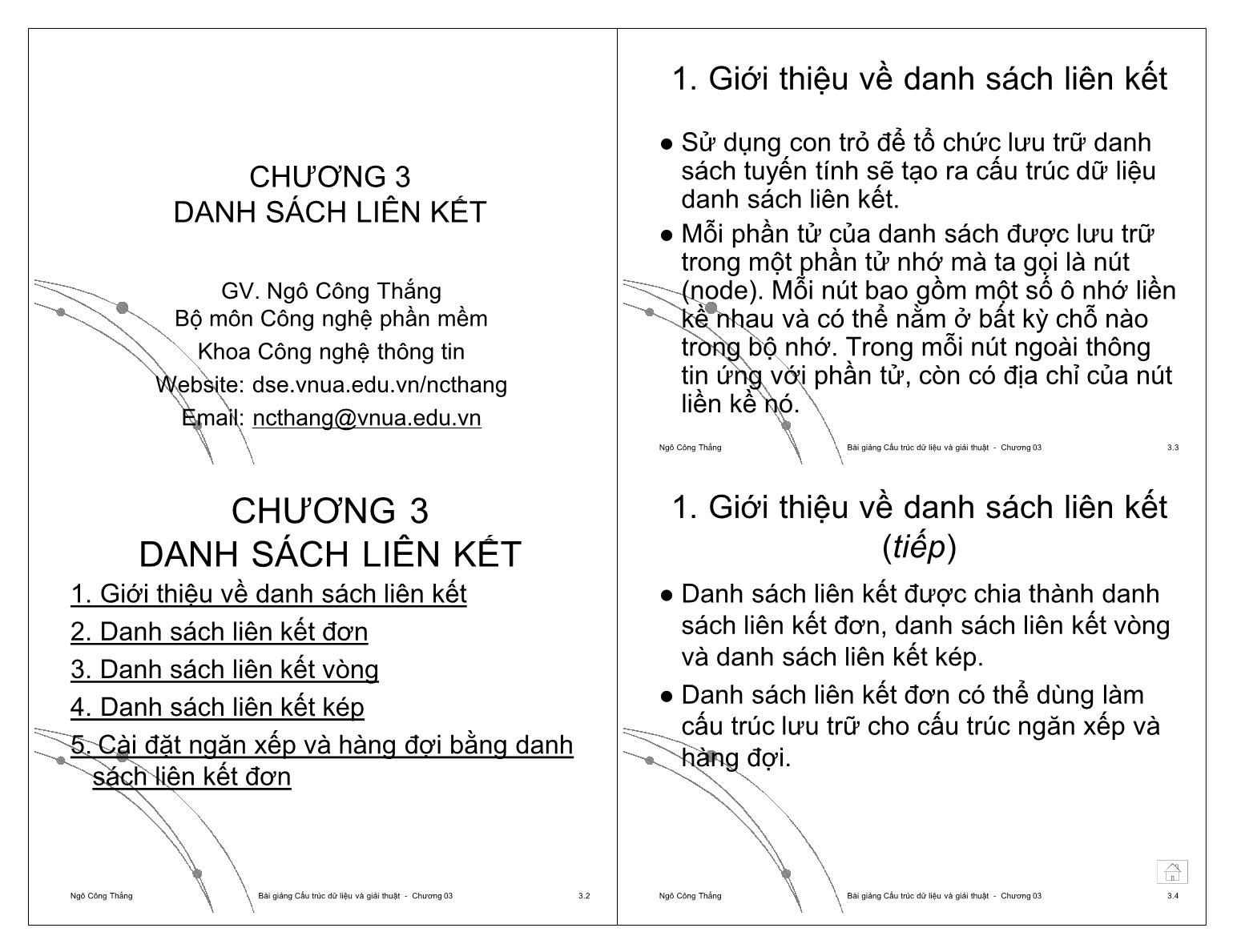 Bài giảng Công nghệ phần mềm - Chương 3: Danh sách liên kết - Ngô Công Thắng trang 1