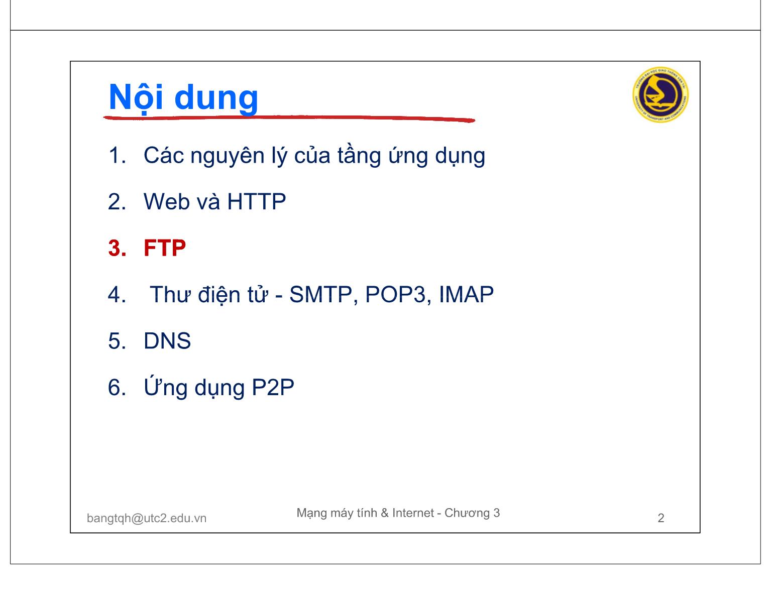 Bài giảng Mạng máy tính và Internet - Chương 3: Các giao thức tầng ứng dụng (Tiếp theo) trang 2