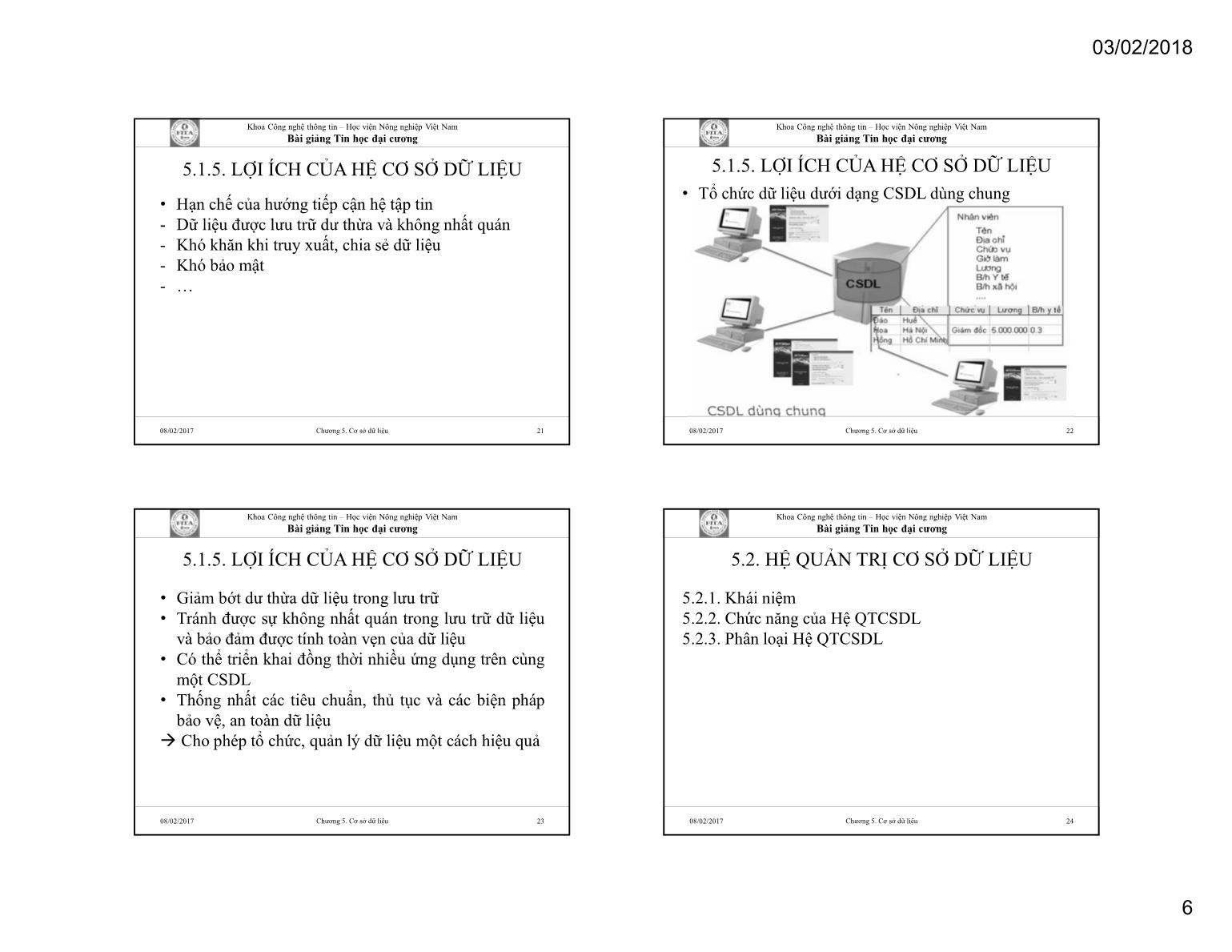 Bài giảng Tin học đại cương - Chương 5: Cơ sở dữ liệu - Học viện Nông nghiệp Việt Nam trang 6