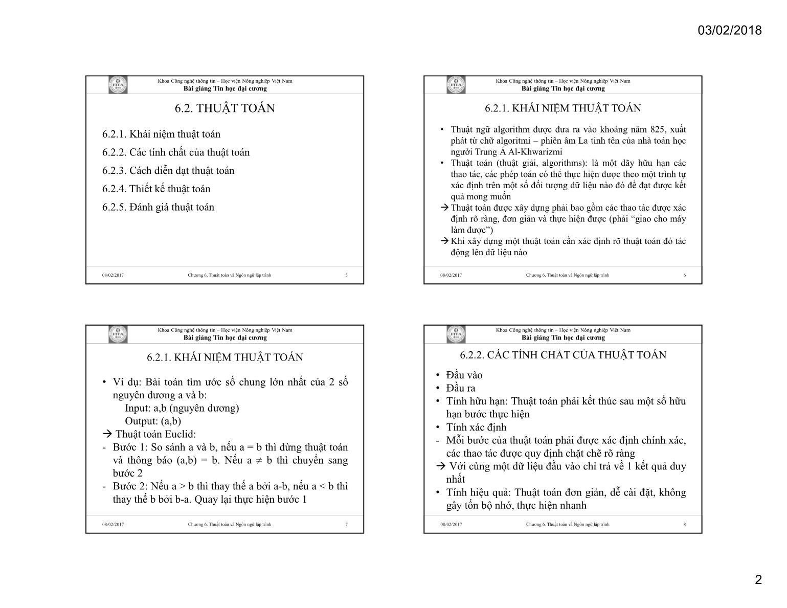 Bài giảng Tin học đại cương - Chương 6: Thuật toán và ngôn ngữ lập trình - Học viện Nông nghiệp Việt Nam trang 2