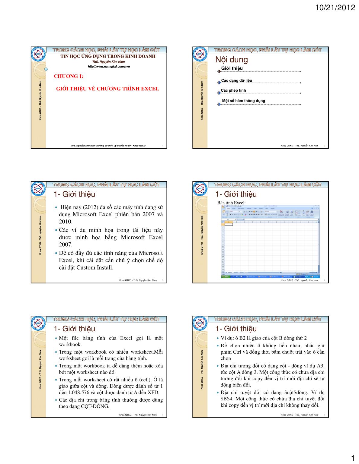 Bài giảng Tin học ứng dụng trong kinh doanh - Chương I: Giới thiệu về chương trình excel - Nguyễn Kim Nam trang 1