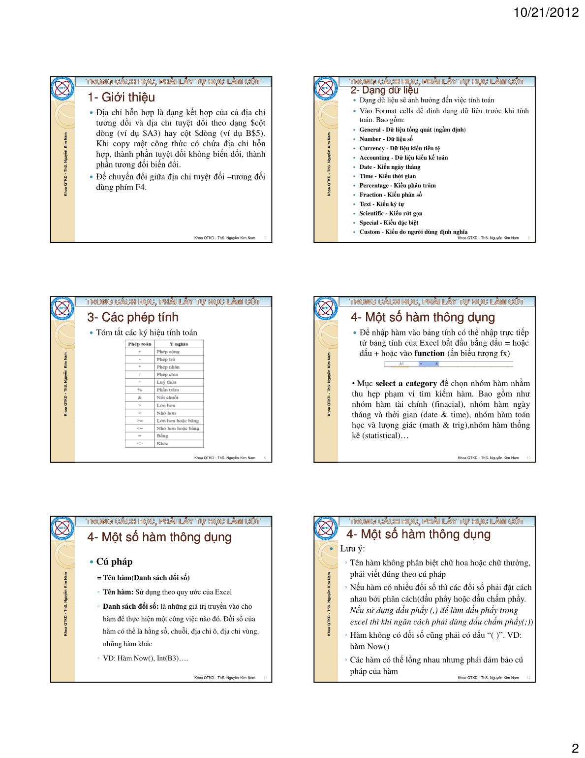 Bài giảng Tin học ứng dụng trong kinh doanh - Chương I: Giới thiệu về chương trình excel - Nguyễn Kim Nam trang 2