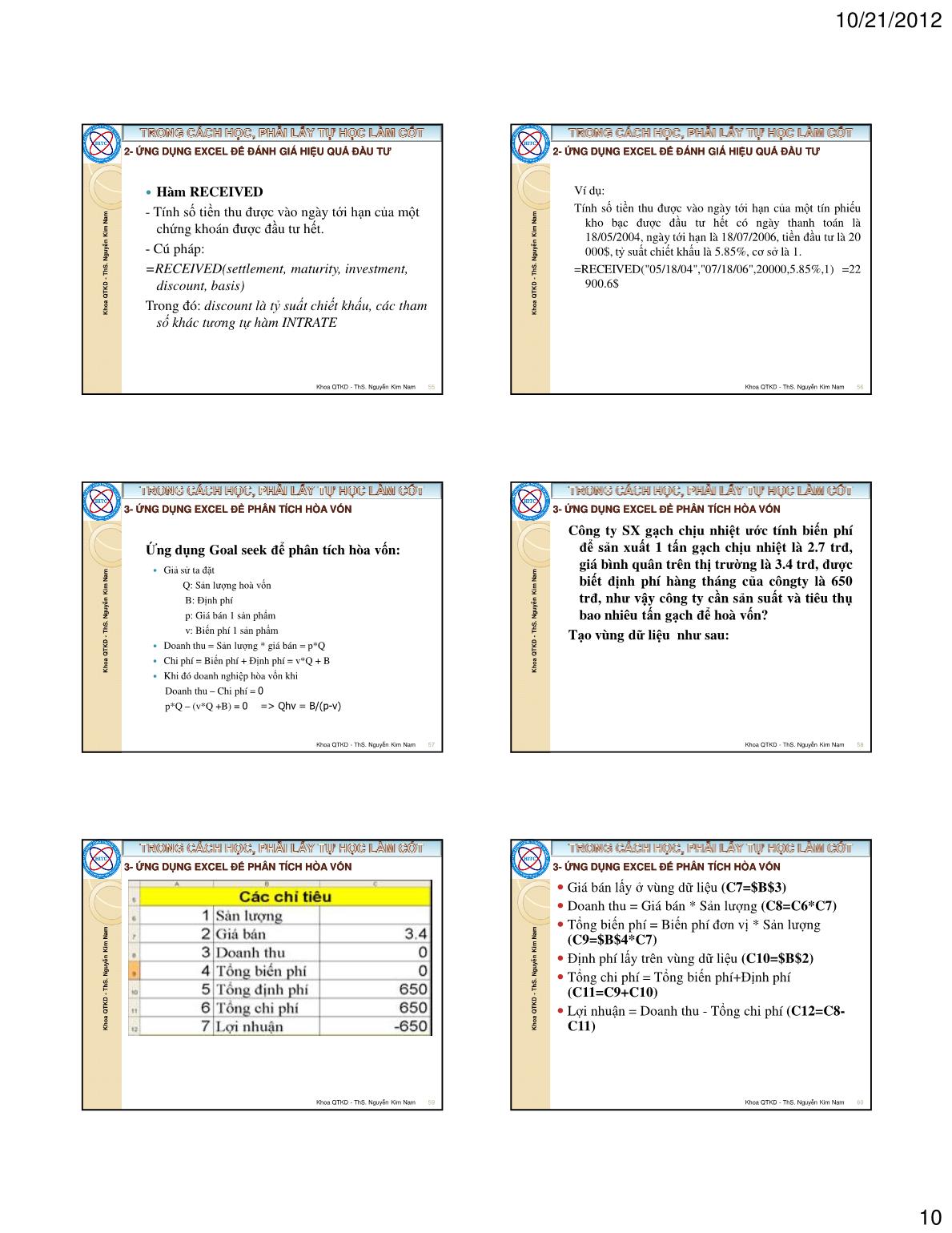 Bài giảng Tin học ứng dụng trong kinh doanh - Chương II: Ứng dụng excel trong quản lý tài chính - Nguyễn Kim Nam trang 10