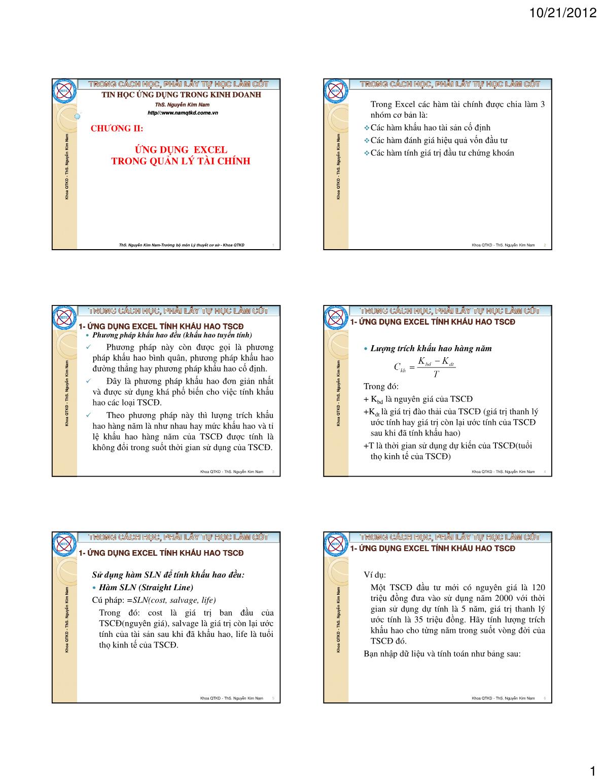 Bài giảng Tin học ứng dụng trong kinh doanh - Chương II: Ứng dụng excel trong quản lý tài chính - Nguyễn Kim Nam trang 1