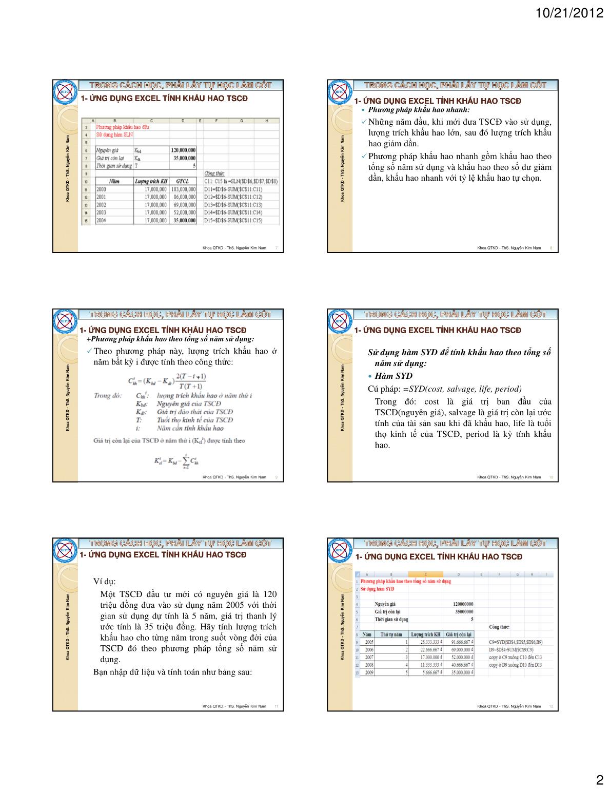 Bài giảng Tin học ứng dụng trong kinh doanh - Chương II: Ứng dụng excel trong quản lý tài chính - Nguyễn Kim Nam trang 2