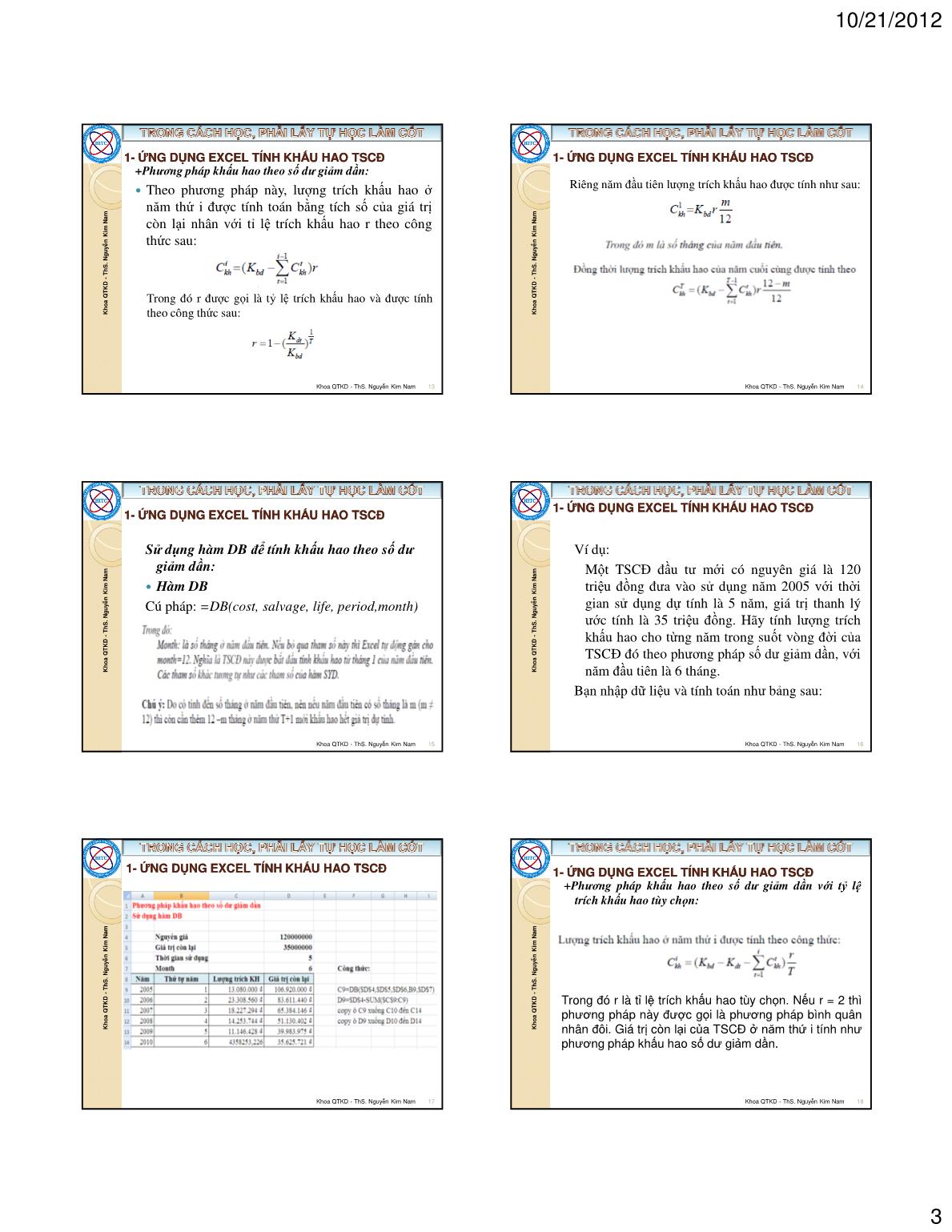 Bài giảng Tin học ứng dụng trong kinh doanh - Chương II: Ứng dụng excel trong quản lý tài chính - Nguyễn Kim Nam trang 3