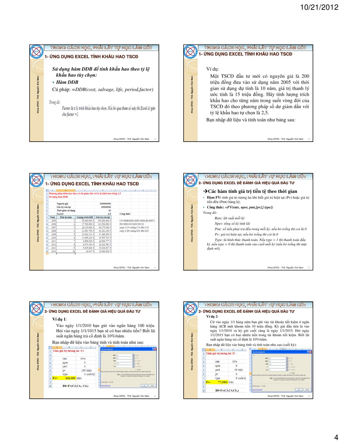 Bài giảng Tin học ứng dụng trong kinh doanh - Chương II: Ứng dụng excel trong quản lý tài chính - Nguyễn Kim Nam trang 4