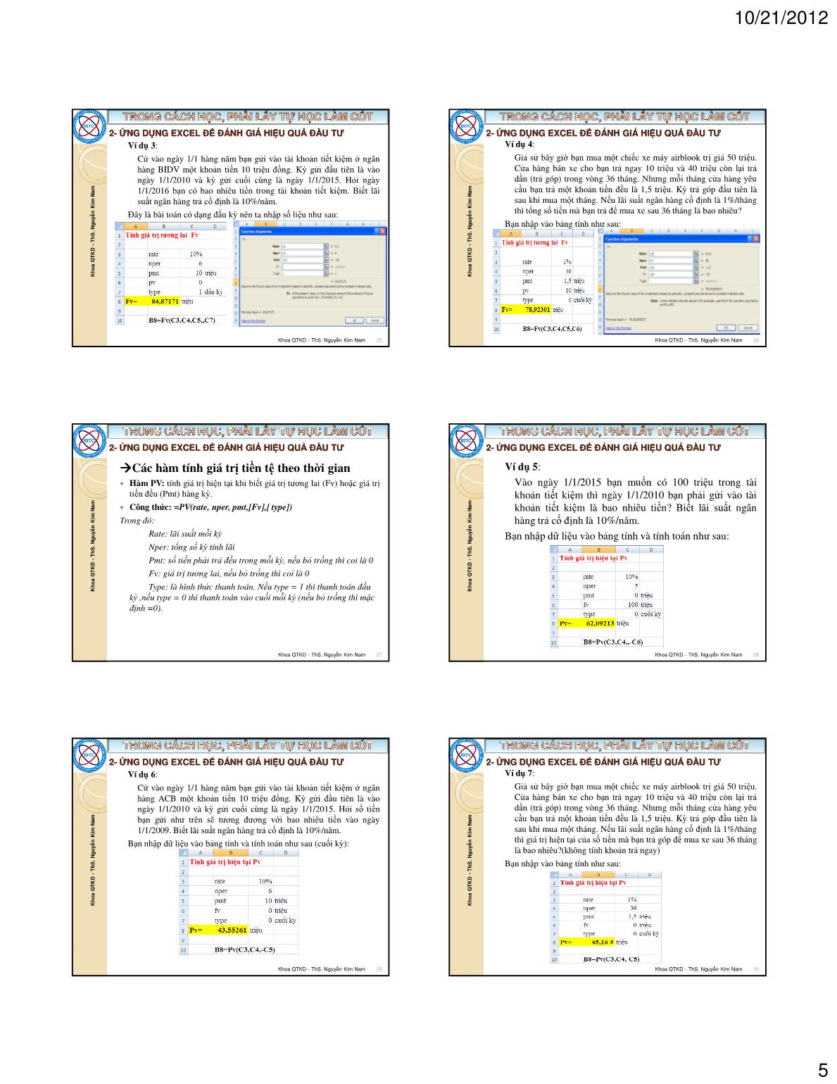 Bài giảng Tin học ứng dụng trong kinh doanh - Chương II: Ứng dụng excel trong quản lý tài chính - Nguyễn Kim Nam trang 5
