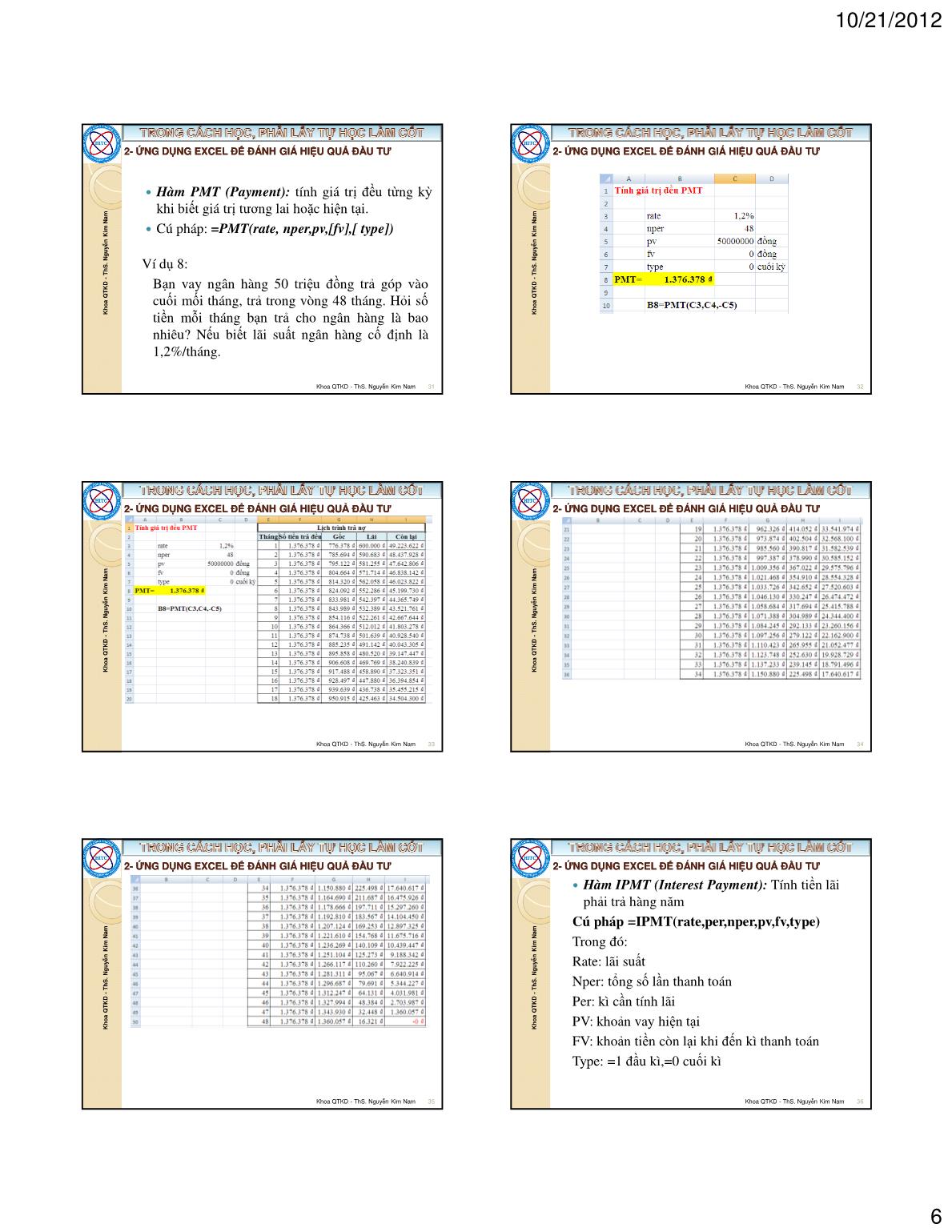 Bài giảng Tin học ứng dụng trong kinh doanh - Chương II: Ứng dụng excel trong quản lý tài chính - Nguyễn Kim Nam trang 6