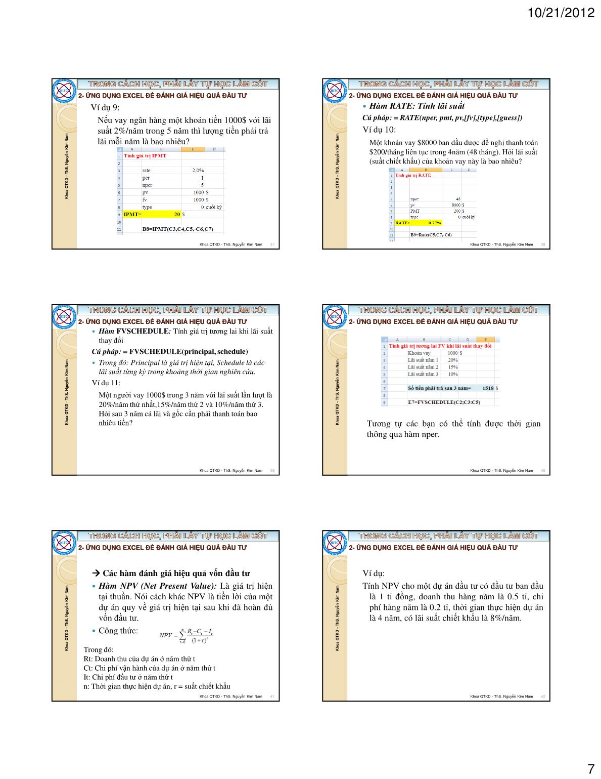 Bài giảng Tin học ứng dụng trong kinh doanh - Chương II: Ứng dụng excel trong quản lý tài chính - Nguyễn Kim Nam trang 7