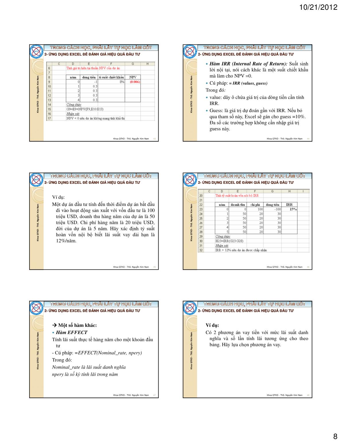 Bài giảng Tin học ứng dụng trong kinh doanh - Chương II: Ứng dụng excel trong quản lý tài chính - Nguyễn Kim Nam trang 8